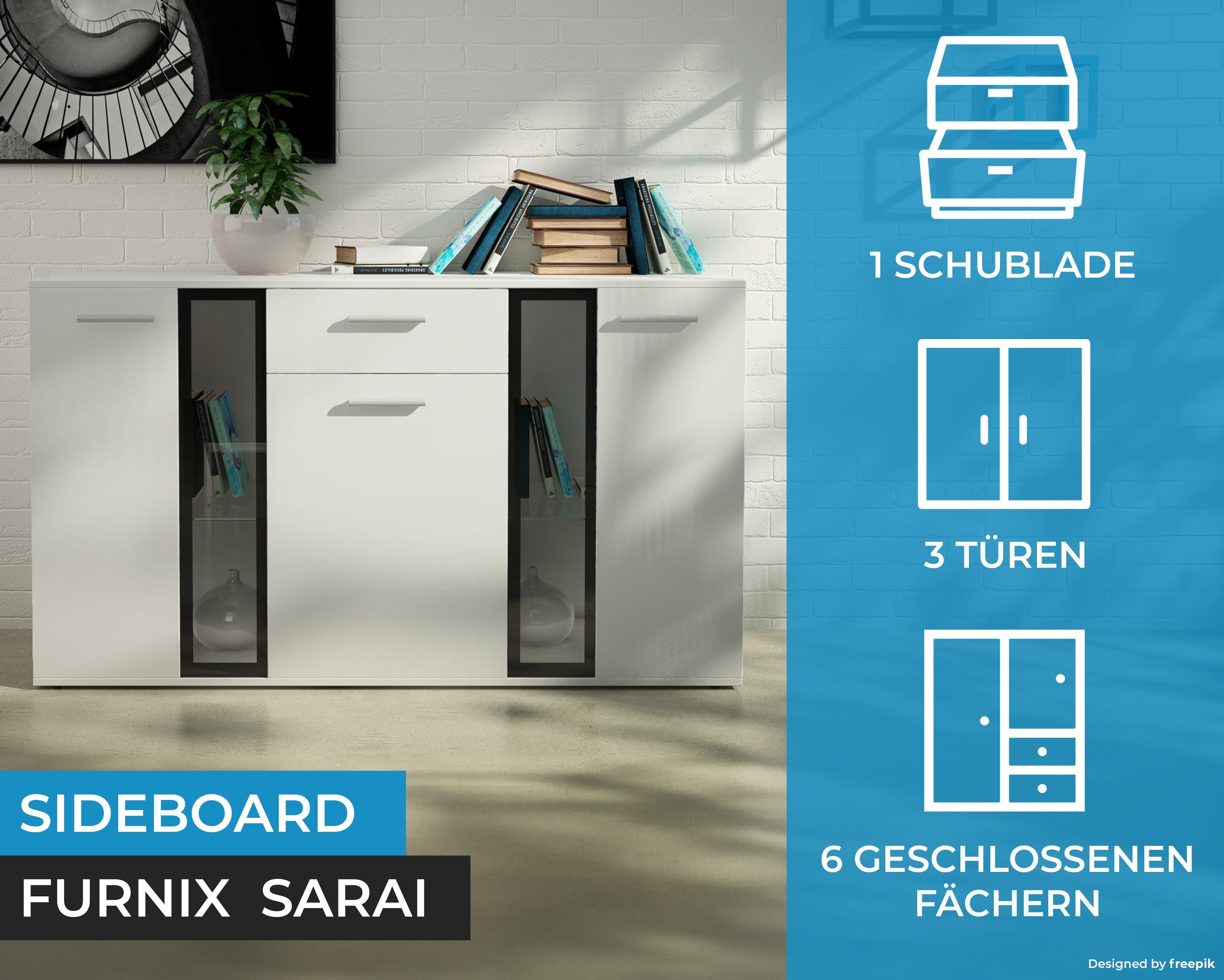 Furnix Anrichte Sideboard SARAI mit x Türen, T40,2 Schublade, x cm 1 H80 B140,4 Weiß Glastüren, 3