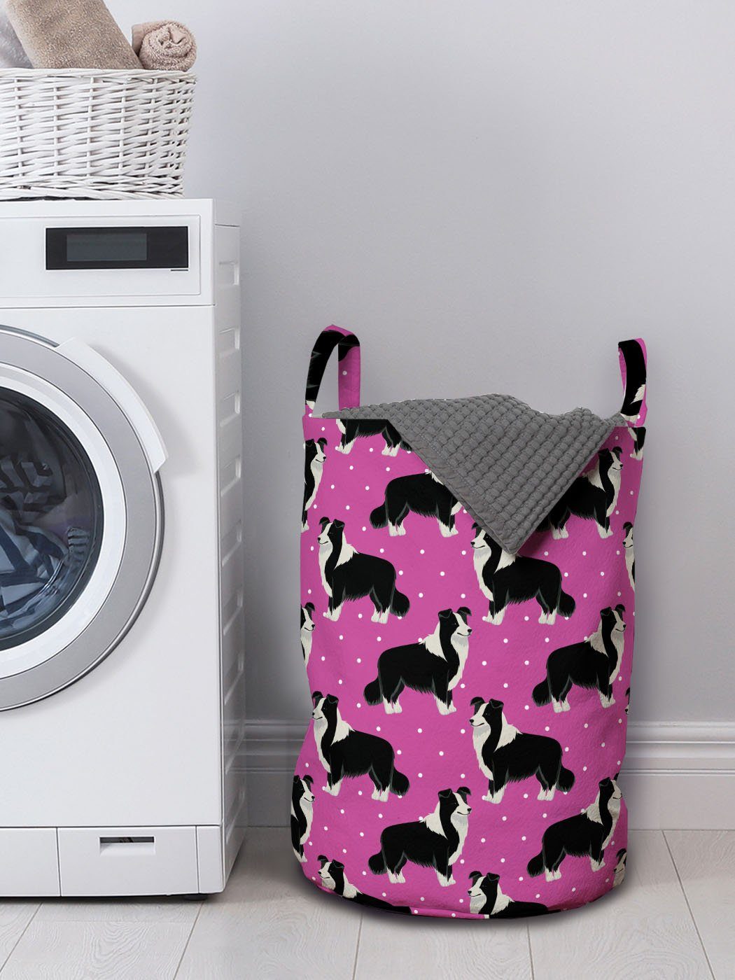 Furry-Collie-Hund Tupfen Kordelzugverschluss Wäschekorb Rosa Wäschesäckchen Waschsalons, für Griffen mit Abakuhaus