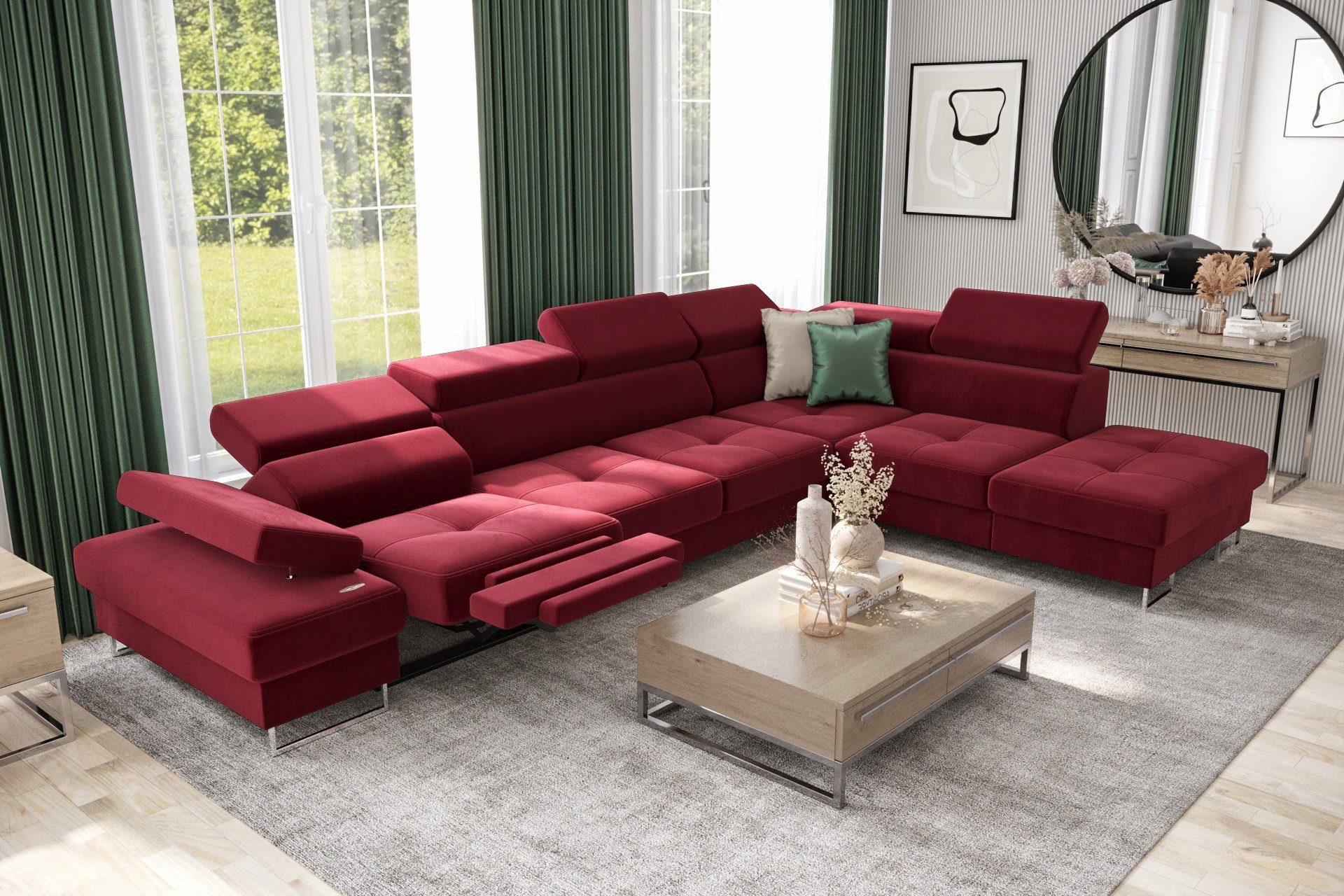 Möbel für Dich Ecksofa Galaxy Relax, mit Relaxfunktion, mit Bettkasten, mit Schlaffunktion, mit Farbauswahl Veloursstoff Monolith 59 rot