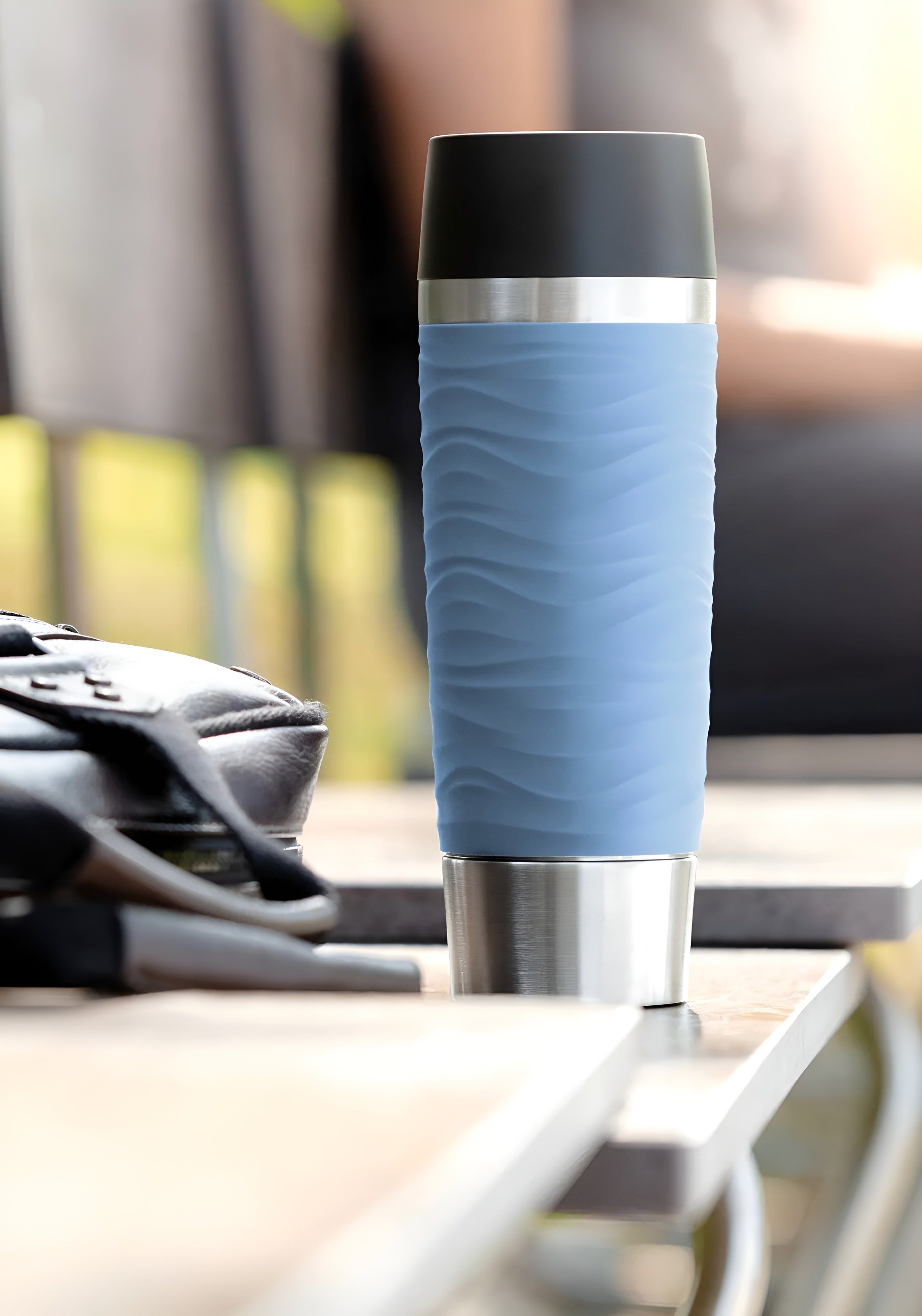 8 Blau Edelstahl, Grande, / Thermobecher Mug Hochwertige hält Kunststoff, Stunden, 4-8h 360°-Trinköffnung Travel Geschenk, Silikon, Praktisches Getränke bis 4 Materialien Hält Emsa Nachhaltig,