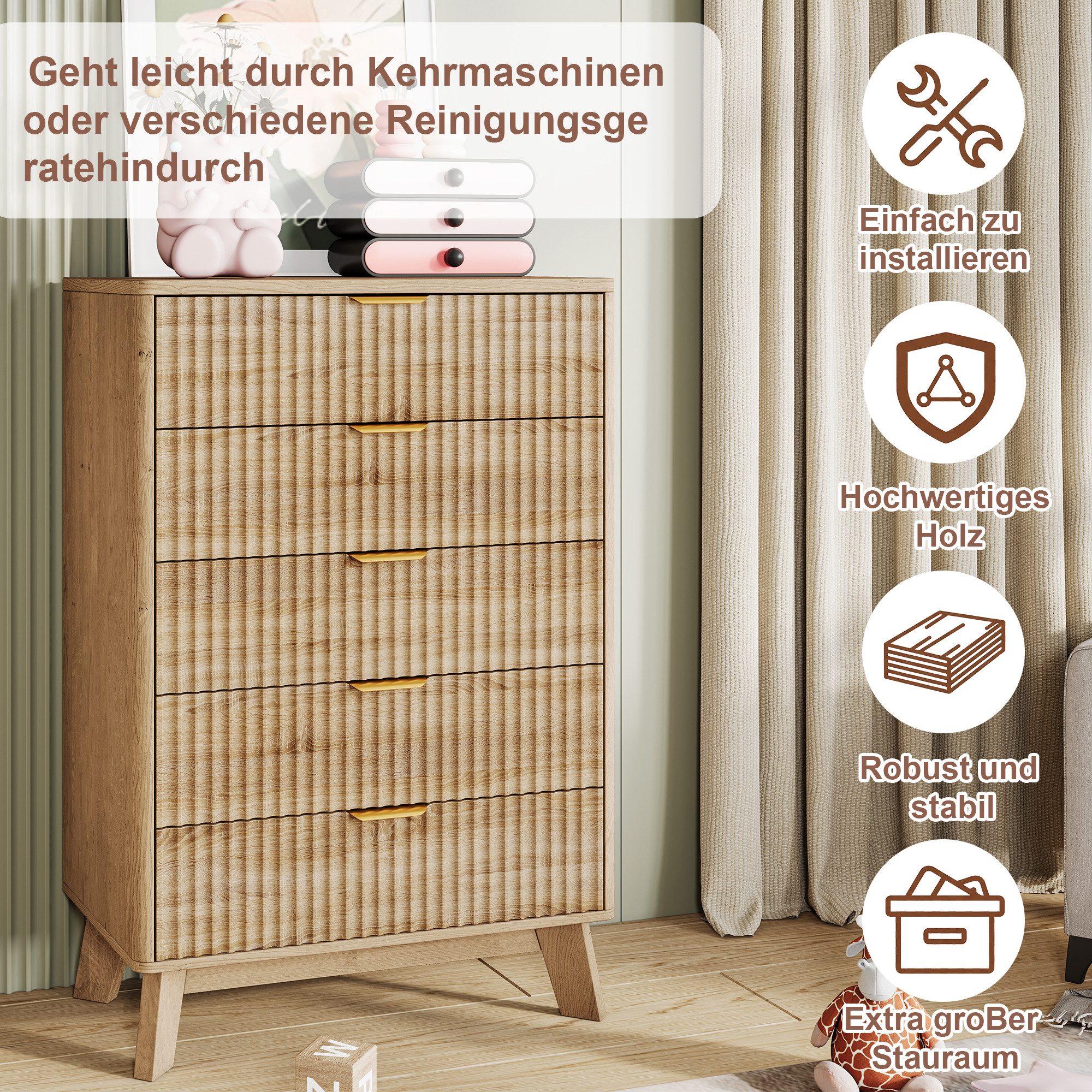 FUROKOY Kommode mit 5 Schubladen Holz Schrank, Sideboard mit Metallgriff,Wellenstruktur vorne,Naturholzfarbe – Bild 5 von 5