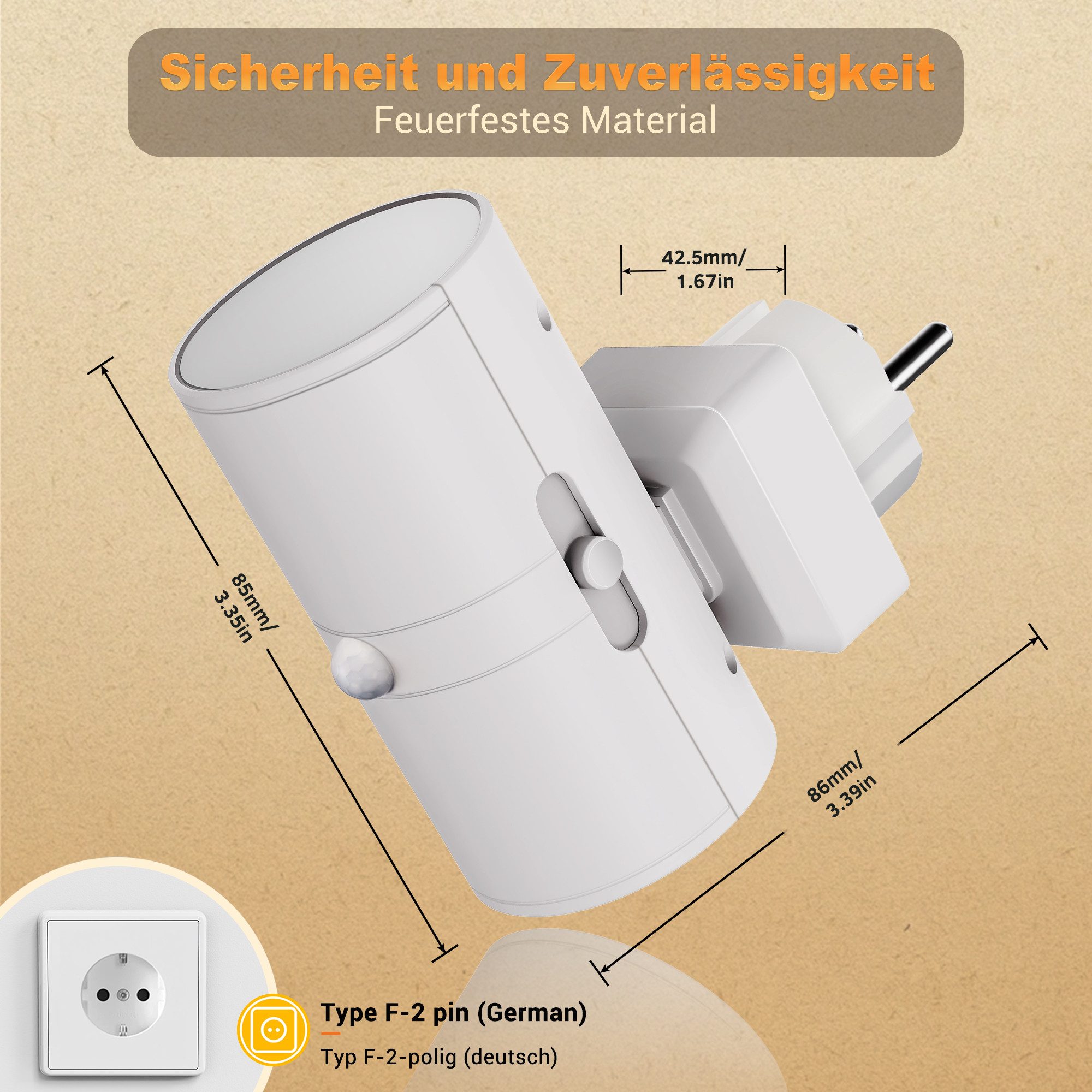 LOHAS-LED Nachtlicht Zylinder Bewegungssensor Weiß – 1W 3000K Dimmbar, deutscher Stecker, LED fest integriert, Warmweiß