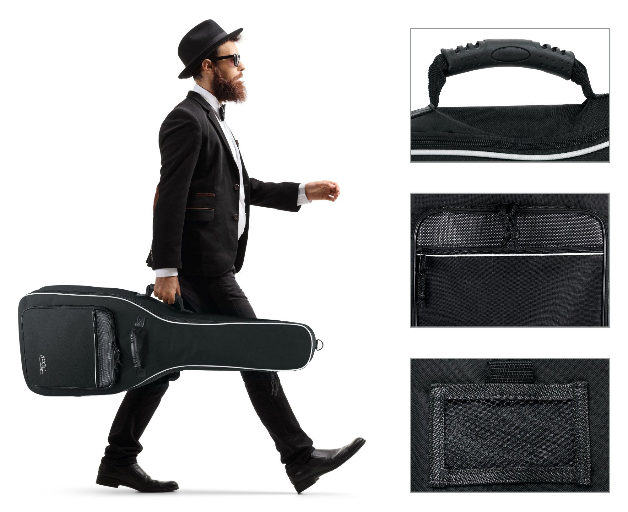 Ergonomisch Rocktile 2 (Gigbag Komfort-Griff Schwarz 3/4 weicher Fronttaschen Klassik-Gitarrentasche 7/8-Größe Polsterung, für und Gitarrentasche geformter Noten/Zubehör), inkl. mit