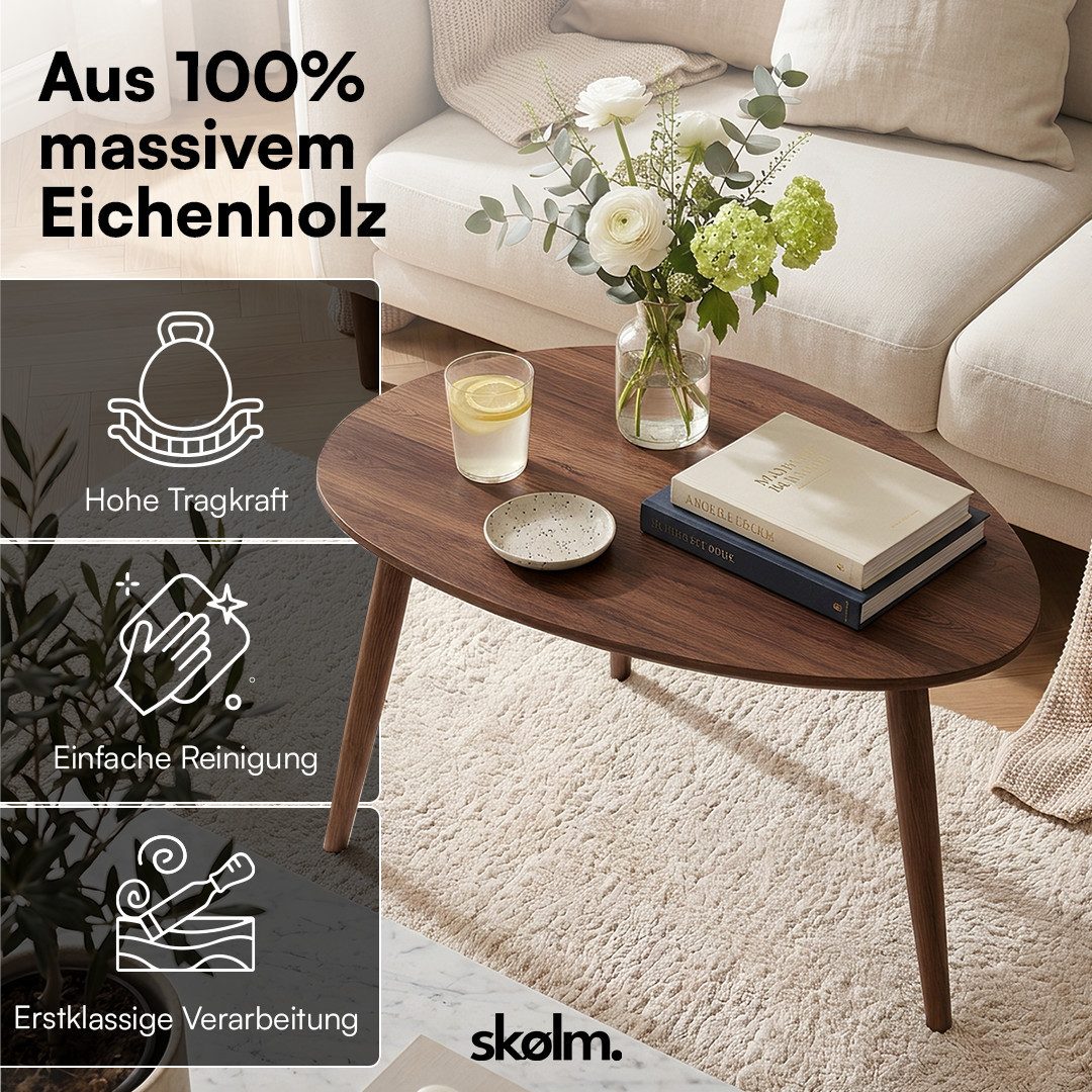 skølm Couchtisch Lodur aus Eiche Massivholz, Holztisch mit 3 Tischbeinen für Wohnzimmer, Wohnzimmertisch 70x38x50 cm, ovale Tischplatte