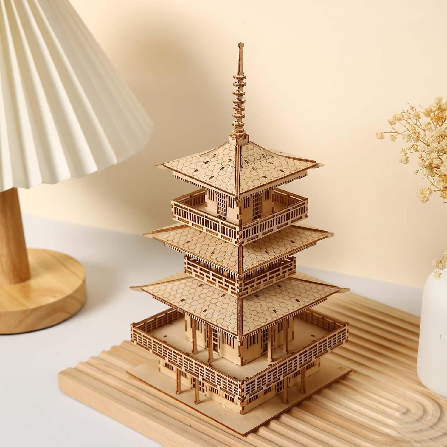 Kitcreatives 3D-Puzzle 3D Holz Puzzle für Erwachsene vierstöckiger Pagode 196 Teile, Puzzleteile