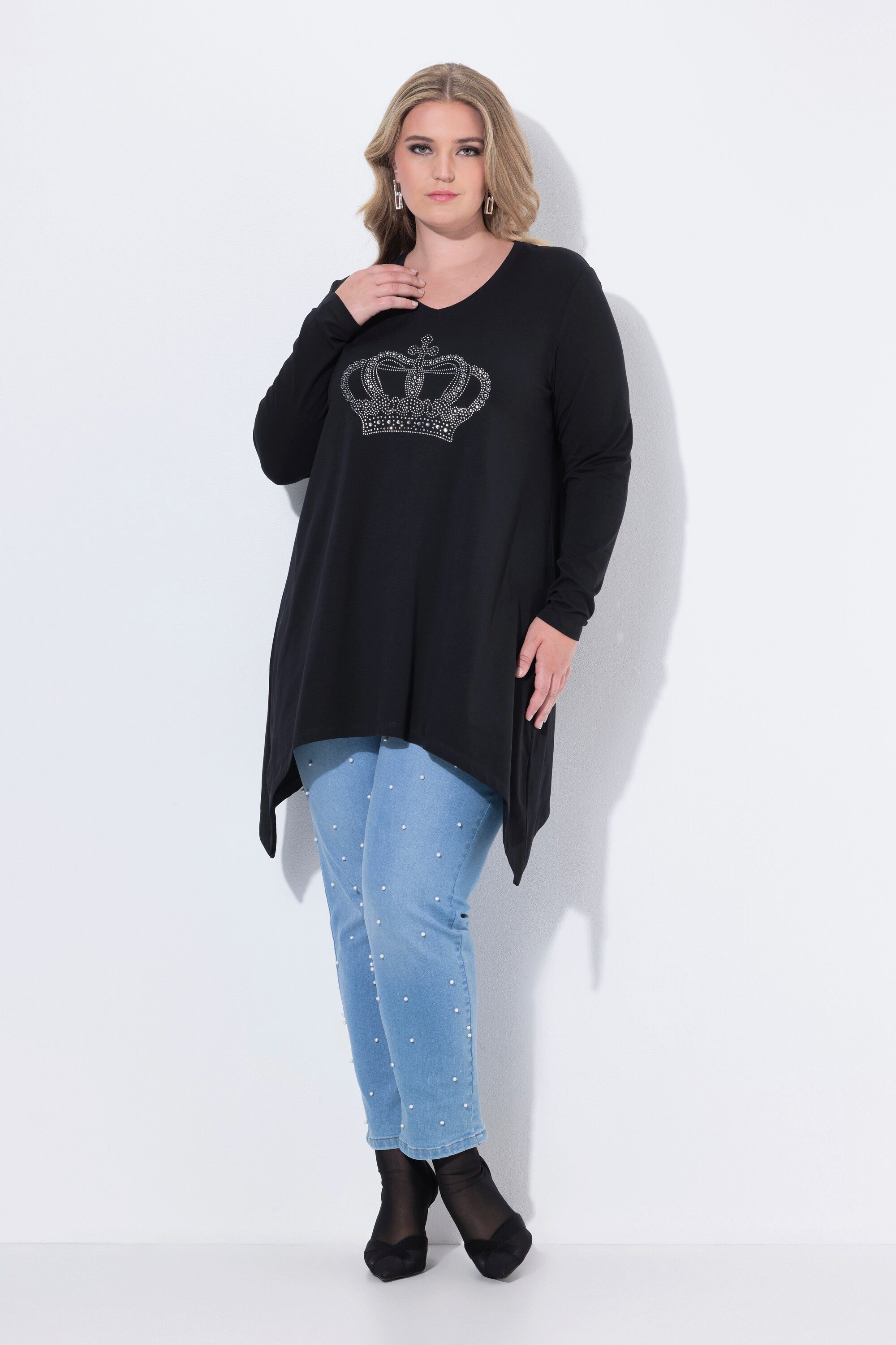 MIAMODA T-Shirt Langarmshirt A-Linie Glitzersteinchen-Krone günstig online kaufen