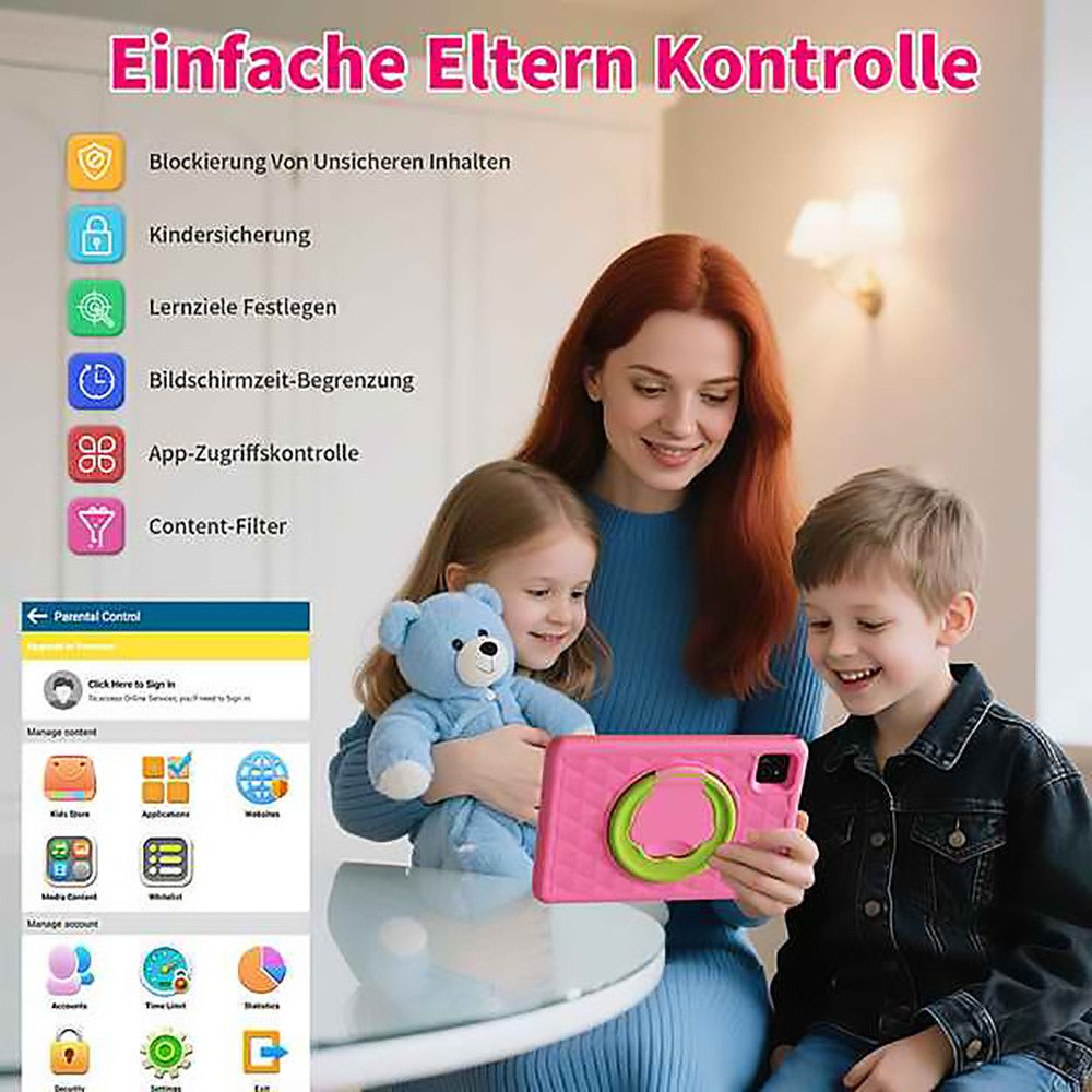 VASOUN TAB11 Kinder-Tablet 10 Zoll,128 GB,8000mAh Tablet (10.1", 128 GB, (Android,WiFi,Dual-Kamera,Bumper Kindersicherung,Elterliche Kontrolle) rosa