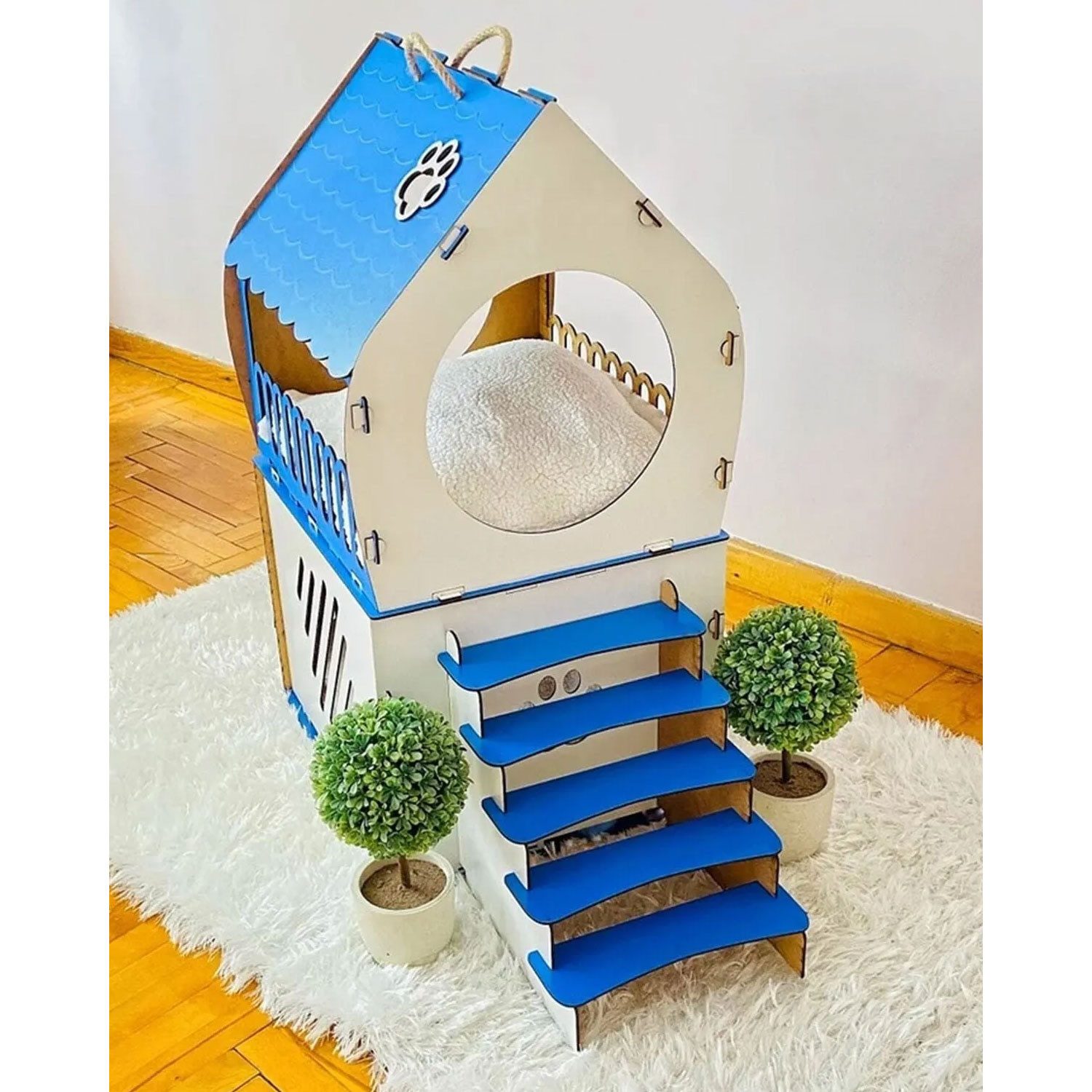 Jungengel Katzenliege 2-stöckiges Katzenhaus mit Treppe & Fenster aus Holz, günstig online kaufen