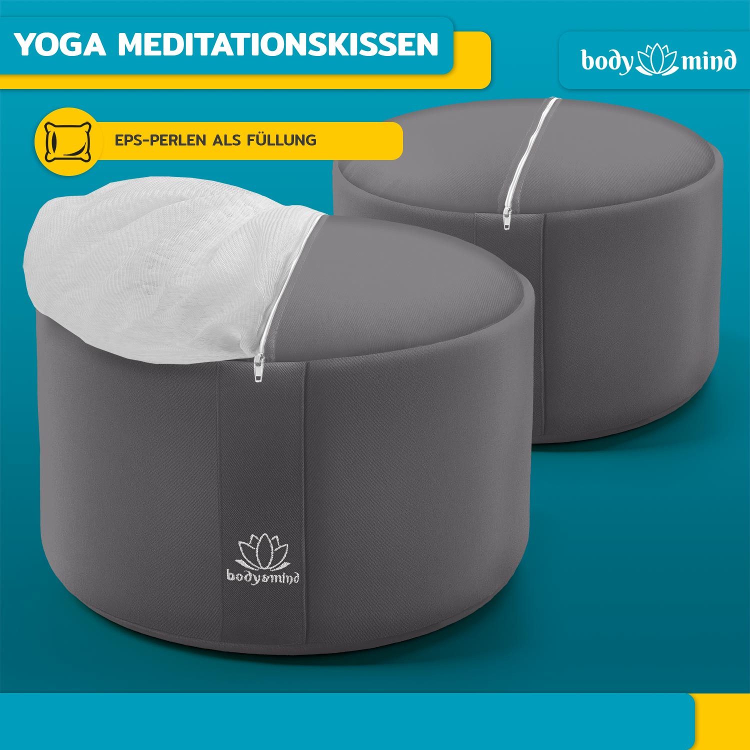 Body & Mind Meditationskissen Rundes Meditationskissen – Yogakissen & Bodensitz für Achtsamkeit, Boden Sitz-Kissen Polster für Meditation & Yoga