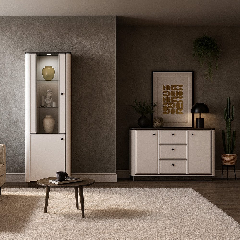 Lomadox Wohnzimmer-Set VEJANO-131, (Mega-Spar-Set, 2-St., Vitrine Sideboard), Beige mit Eiche modern abgerundet Softclose LED Beleuchtung