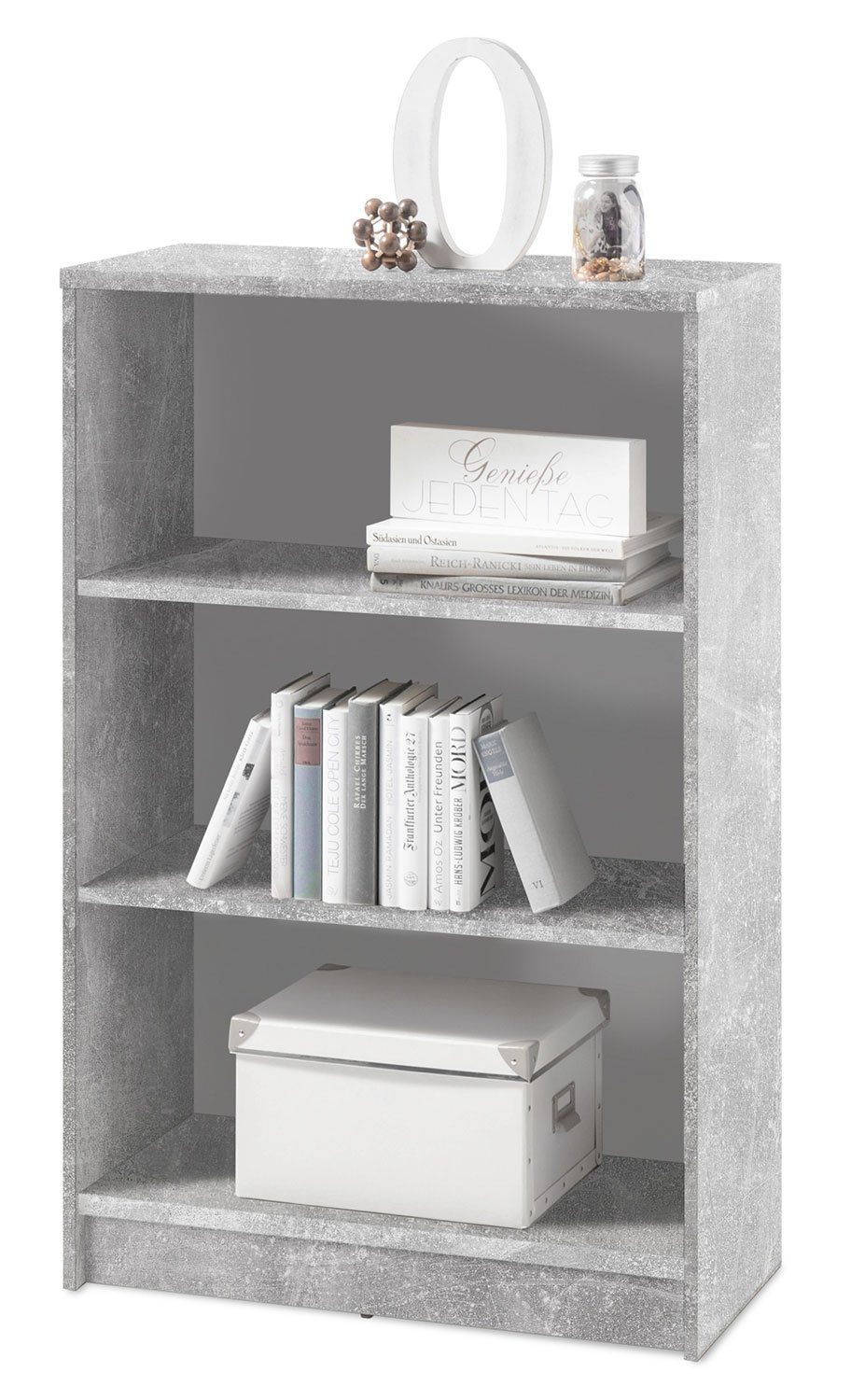 Bücherregal OPTIMUS, Betondekor, B 72 x H 111 x T 34 cm, 3 offene Fächer, 2 höhenverstellbare Einlegeböden