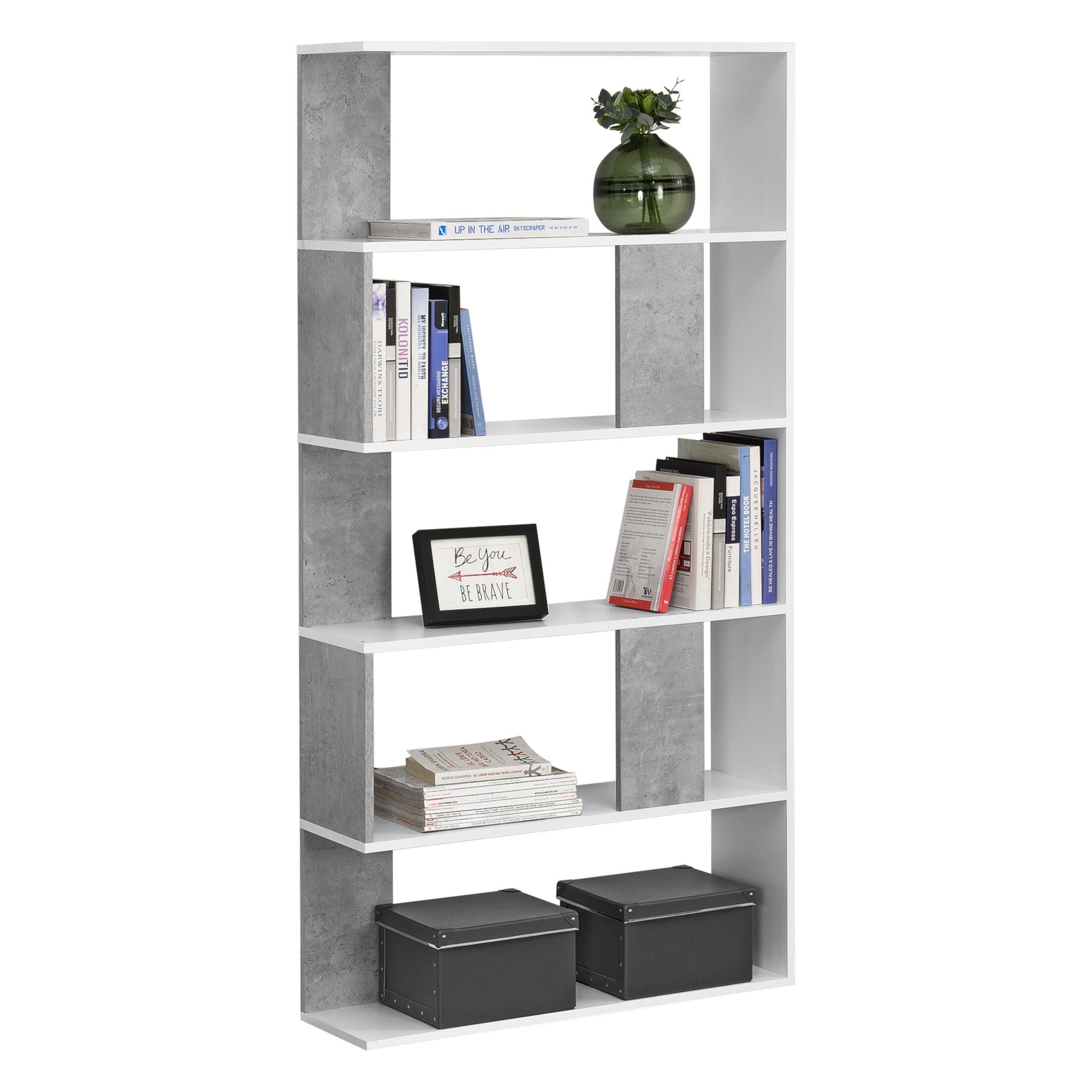 Ablageflächen 159x80x23,5cm 5 mit en.casa - Regal Weiß/Betonoptik Bücherregal, betonfarben weiß »Aneby«