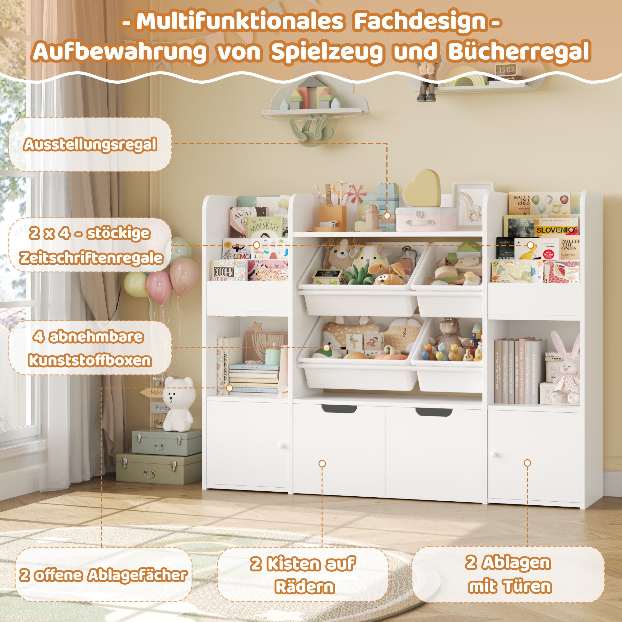 Homfa Spielzeugtruhe Kinderregal mit 2 Schubladen auf Rollen & 4 Boxen Bücherregal, Kinderbücherregal Spiegelregal mit Tür 122x100x30 cm weiß – Bild 4 von 5