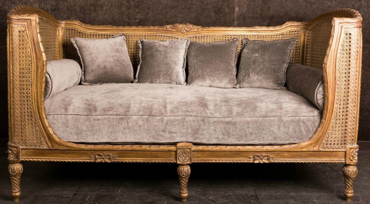 Casa Padrino Sofa Luxus Barock Sofa mit Kissen Braun / Taupe 187 x 89 x H. 103 cm - Handgefertigtes Sofa im Antik Stil - Wohnzimmer Möbel