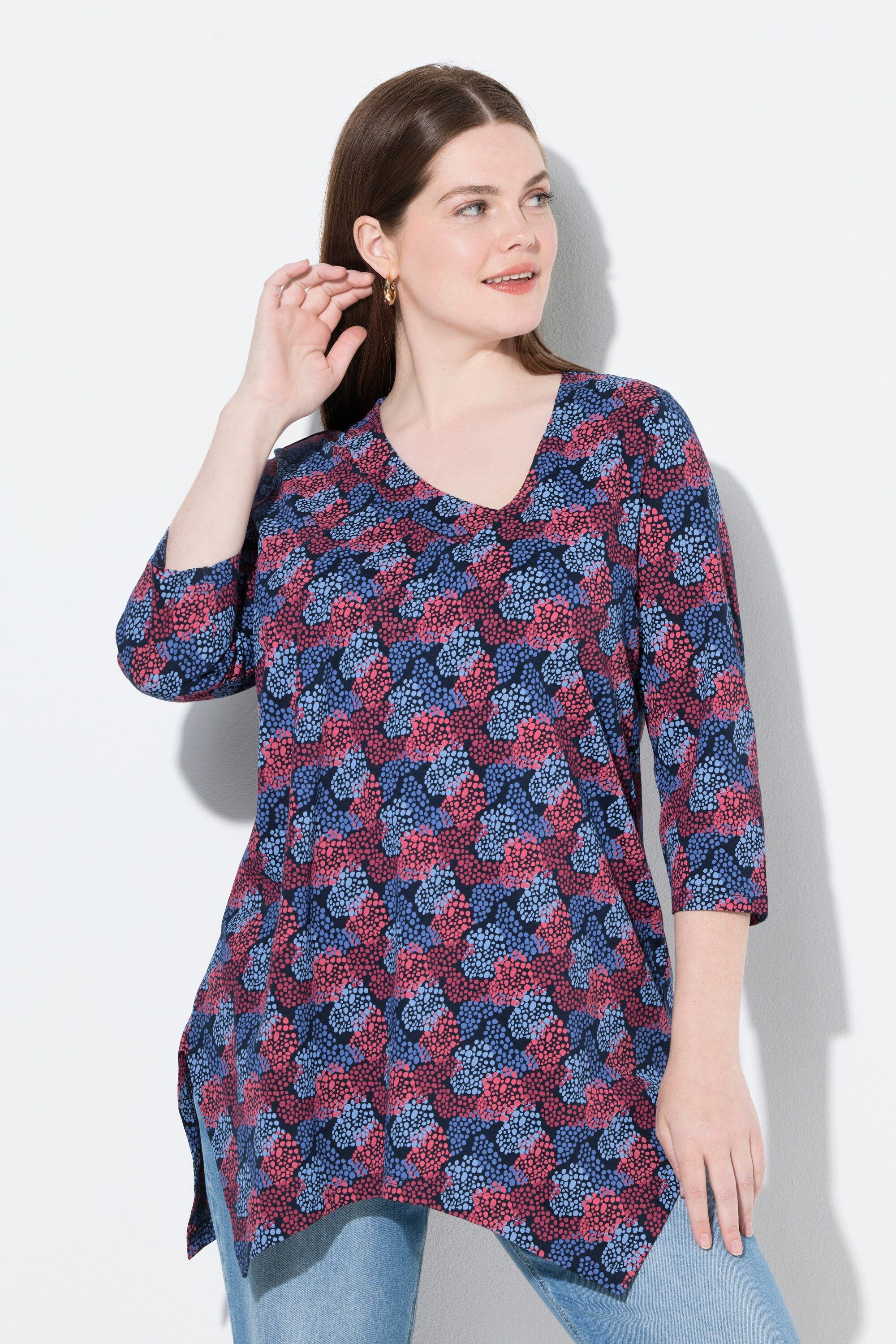 Ulla Popken Longshirt T-Shirt Zipfelsaum V-Ausschnitt 3/4-Arm