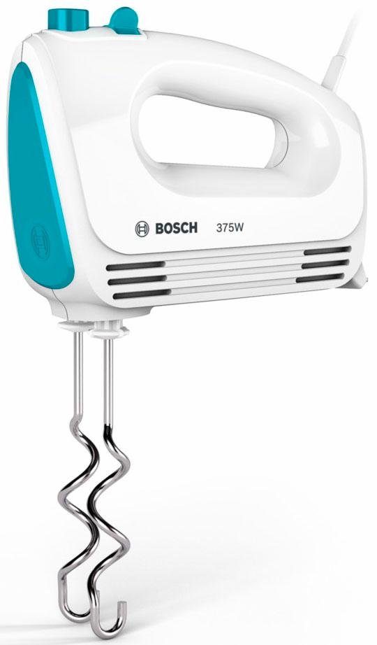 BOSCH Handmixer CleverMixx MFQ2210D, Edelst. Rührbesen/Knethaken, 4 Stufen, weiß/blau, 375 W, Auswurftaste, leichtes Gehäuse, Made in Europe