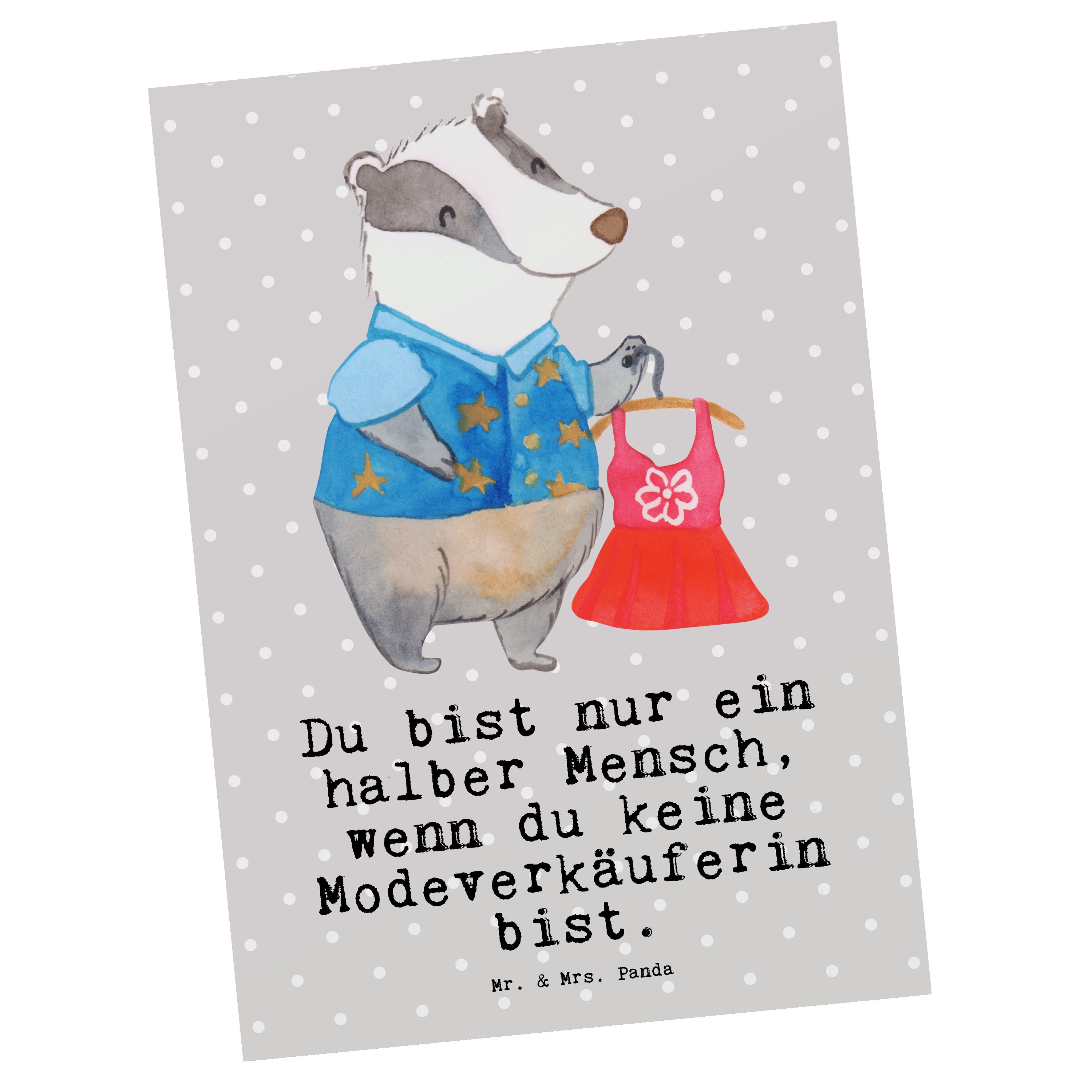 Mr. & Mrs. Panda Postkarte Modeverkäuferin mit Herz - Grau Pastell - Geschenk, Geschenkkarte, Da