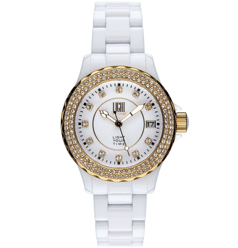 Light Time Quarzuhr Armbanduhr Damen Kunststoff Datum Weiß Gold Zirkonia L073B