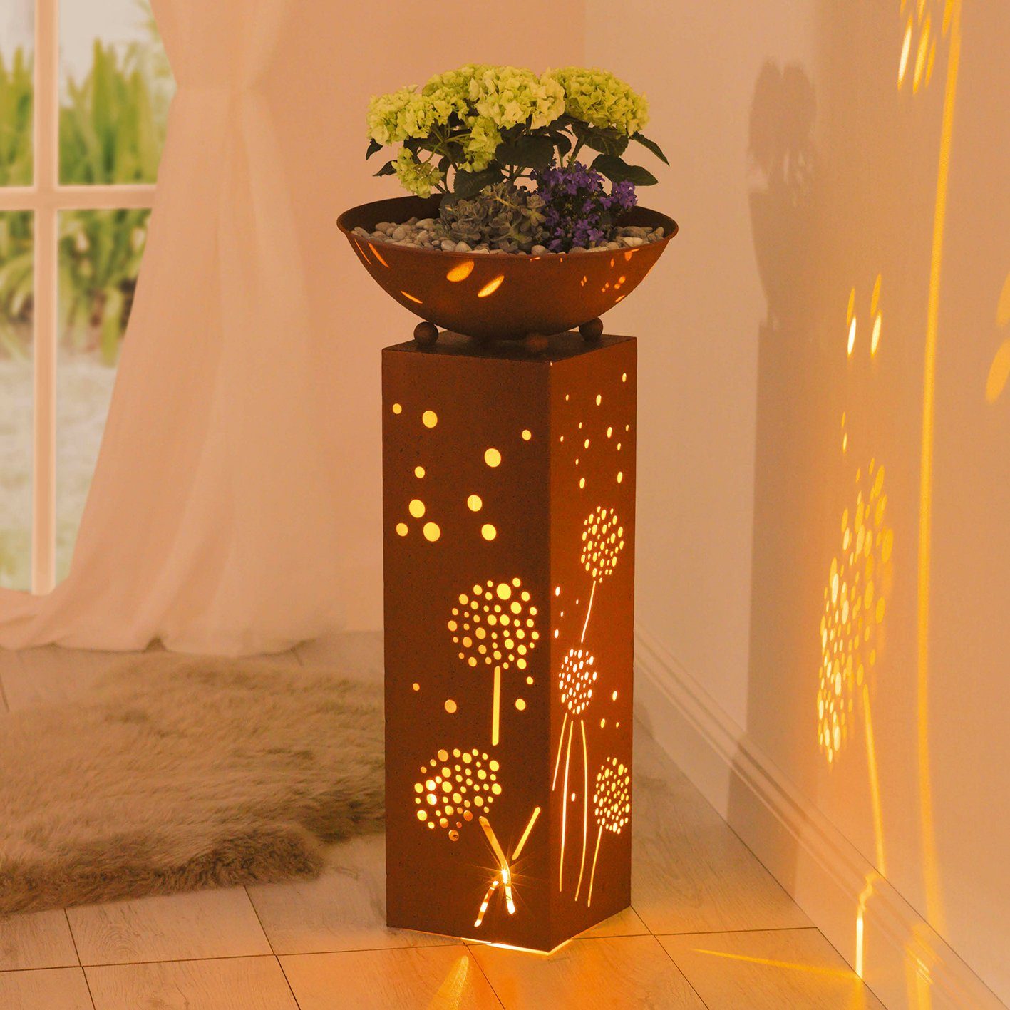 Dekosäule Pflanzschale Außen Rost-Optik Pusteblume, Säule Hoberg 72cm LED Deko Beleuchtung