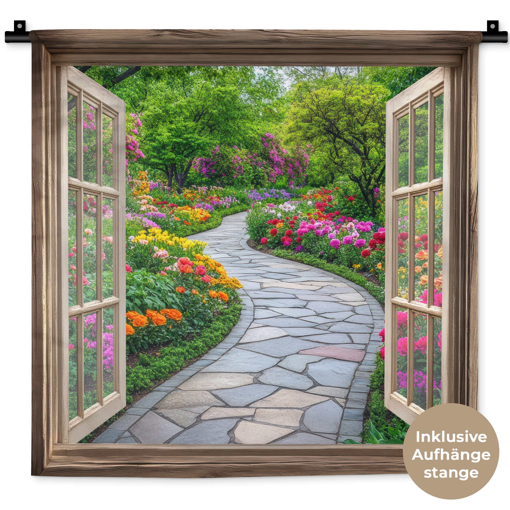 MuchoWow Wandteppich Aussicht - Blumen - Gartenweg - Natur - Fenster, Quadratisch, Höhe: 3 mm, Wand Teppich, Deko für an den Wand, 60x60 cm