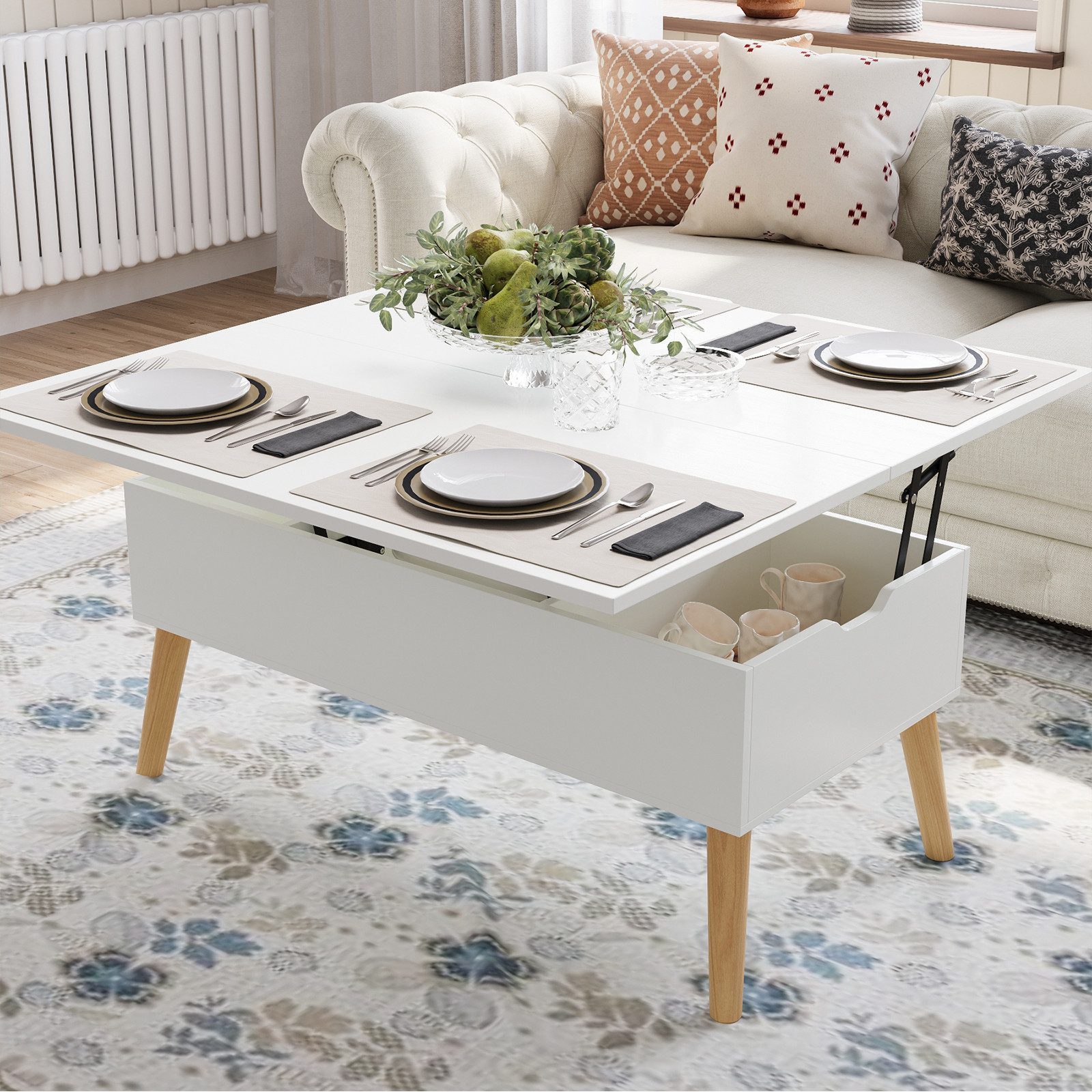 VOWNER Couchtisch mit klappbarer Arbeitsplatte, umwandelbar zum Esstisch, mit Holzbeinen (1-St), 3-in-1-Multifunktions-Wohnzimmertisch mit versteckter Aufbewahrung