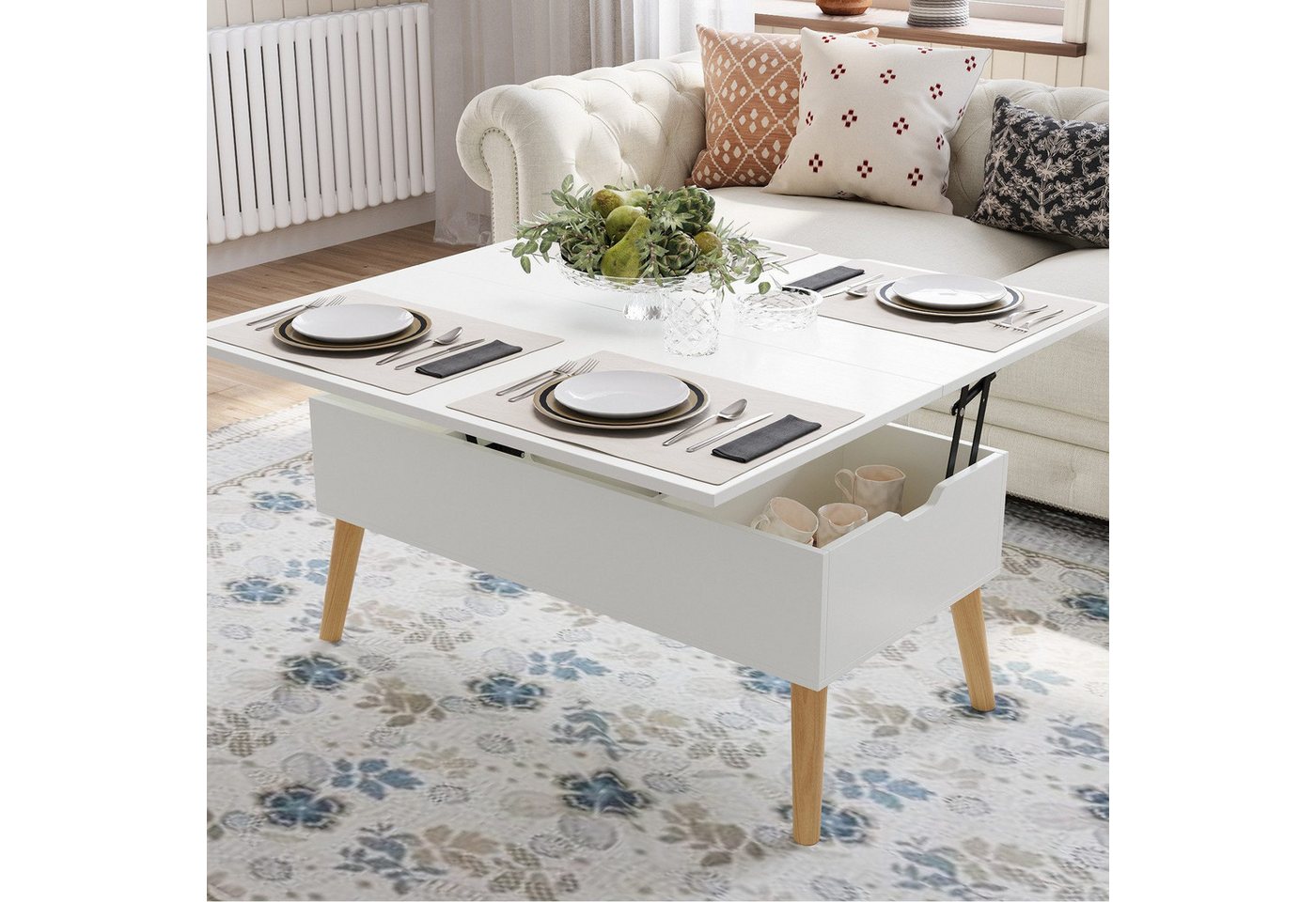 VOWNER Couchtisch mit klappbarer Arbeitsplatte, umwandelbar zum Esstisch, mit Holzbeinen (1-St), 3-in-1-Multifunktions-Wohnzimmertisch mit versteckter Aufbewahrung