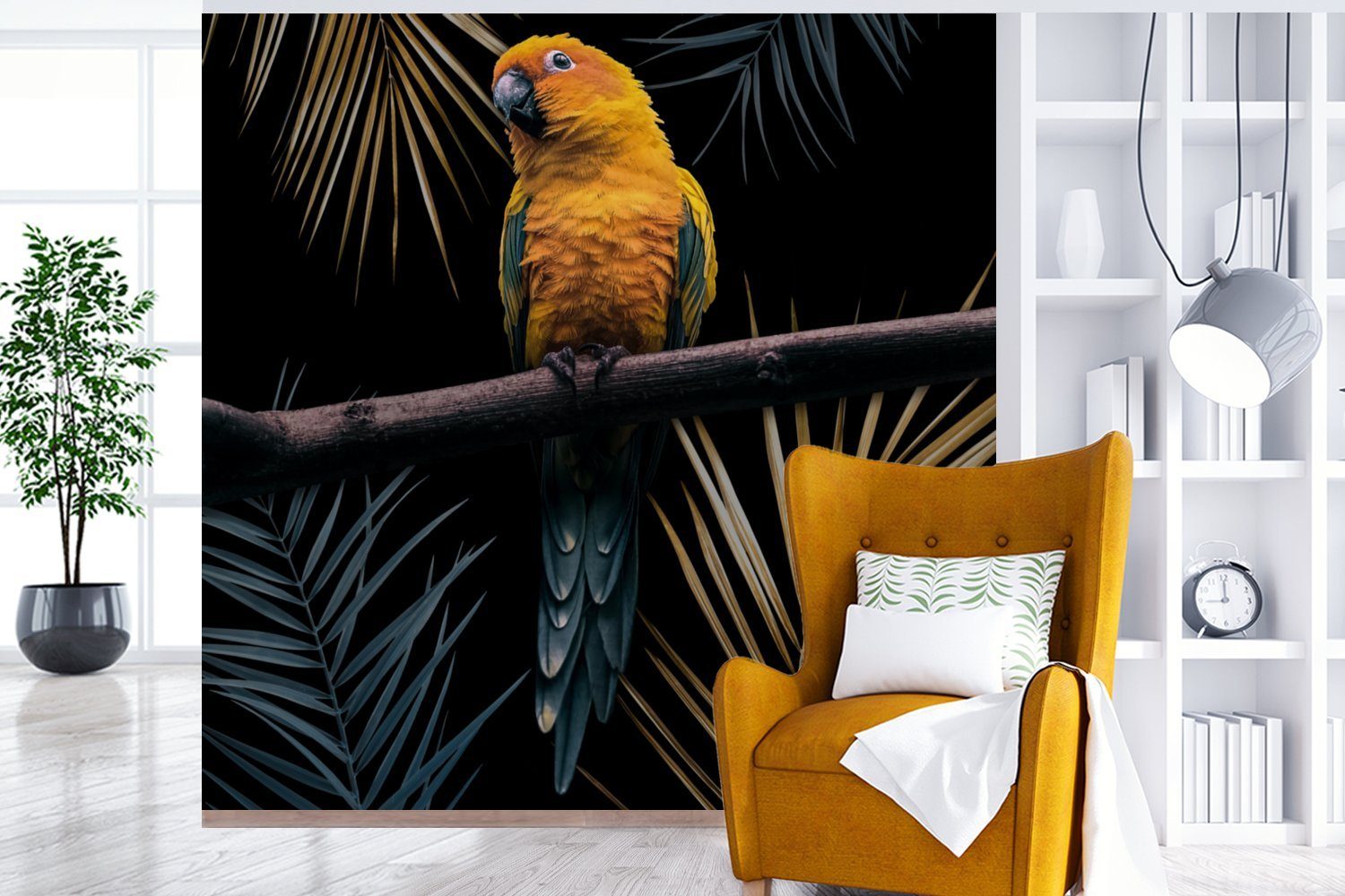 Matt, - bedruckt, Zweig Fototapete Blätter, oder St), - Vogel Vinyl für Papagei Wohnzimmer Wandtapete - Tapete (5 MuchoWow Schlafzimmer,