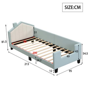 IDEASY Schlafsofa Polsterbett, Schlafsofa, MDF+PU-Leder, Kopfteil in Hausform, rosa, /hellblau, stabiler Lattenrost, ohne Matratze, 12 cm über dem Boden