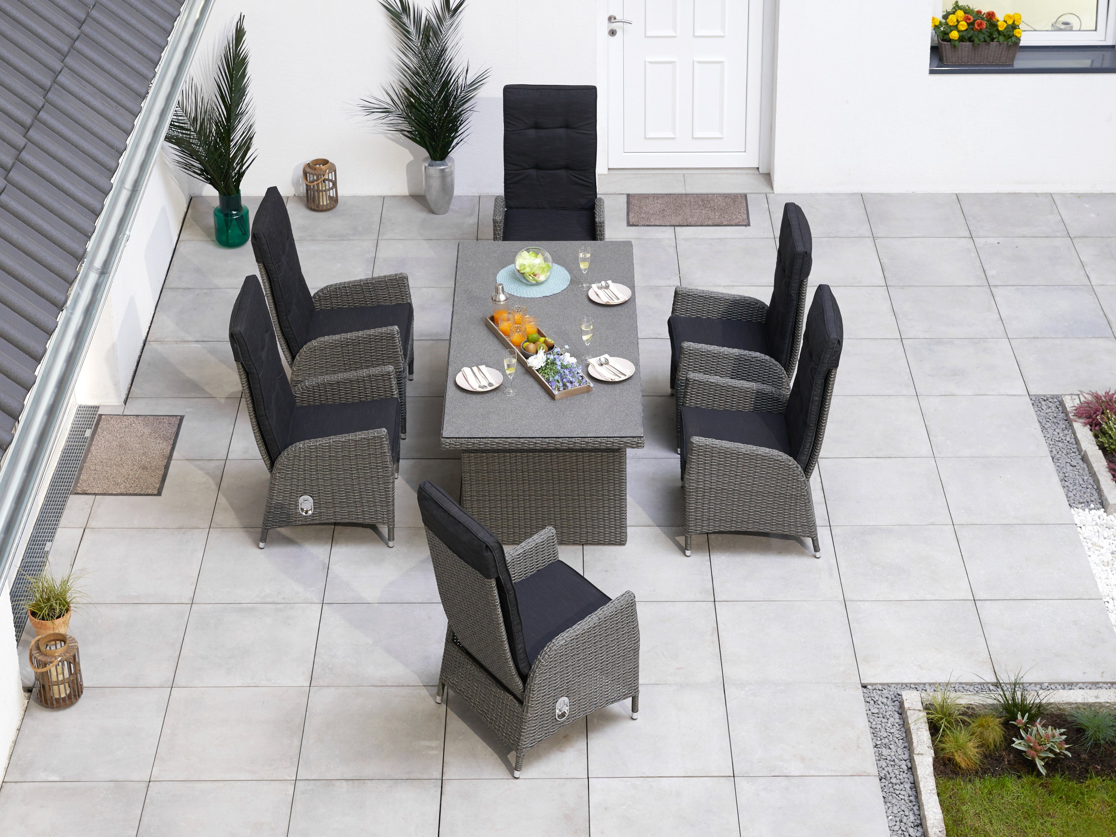 KONIFERA Garten-Essgruppe Brisbane, (Set, 13-tlg., 6 Sessel, Rückenlehne verstellbar, inkl. Auflagen, Tisch 92x192x74 cm), Aluminium/Polyrattan, Tischplatte aus Stone-Spray-Glas in Steinoptik