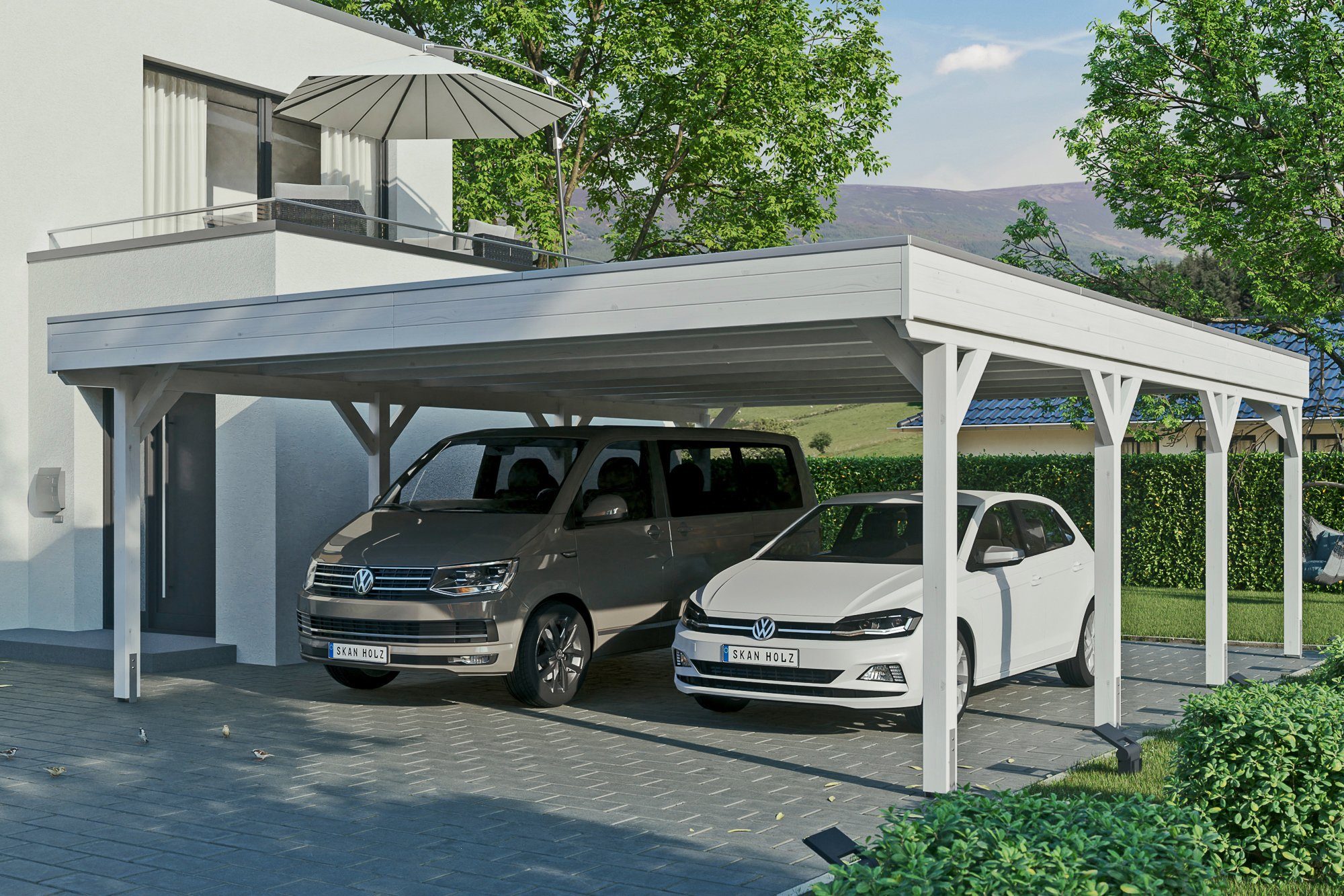 Skanholz Doppelcarport Grunewald, BxT: 622x796 Aluminiumdach, weiß cm, in Flachdach cm Einfahrtshöhe, mit farblich mit Aluminium-Dachplatten, behandelt 590