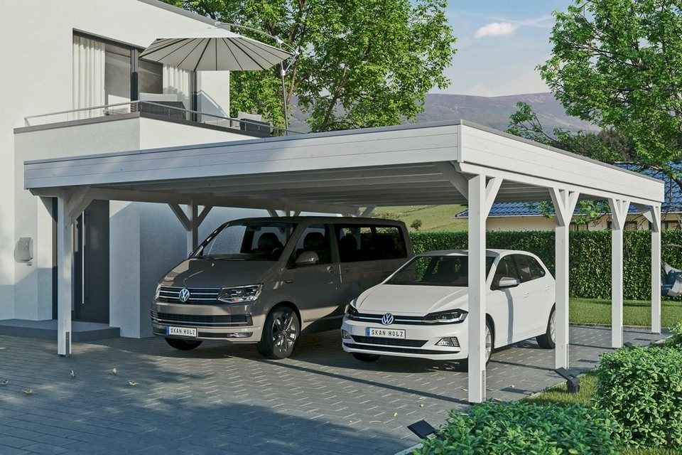 Skanholz Doppelcarport Grunewald, BxT: 622x796 cm, 590 cm Einfahrtshöhe,  mit Aluminiumdach, Flachdach mit Aluminium-Dachplatten, farblich behandelt  in weiß