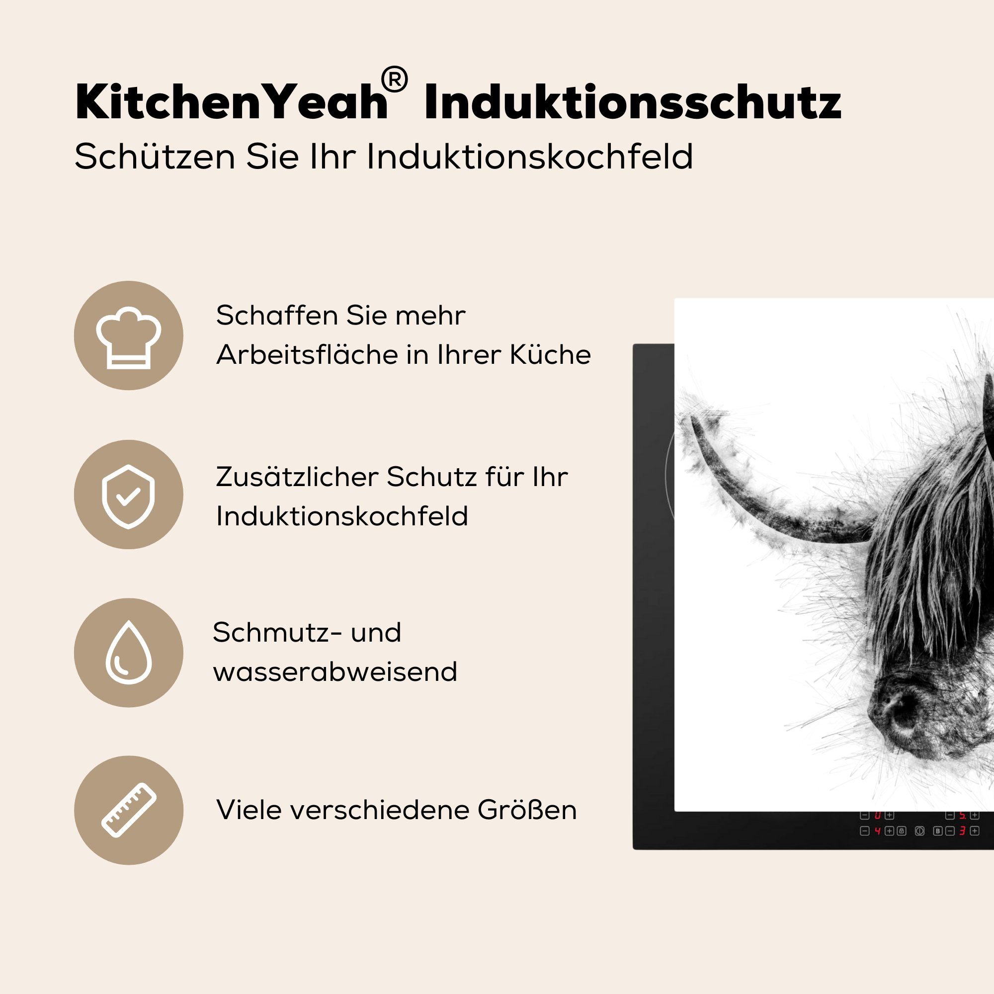 für Schwarz Vinyl, Arbeitsplatte Weiß, cm, (1 Herdblende-/Abdeckplatte 78x78 Highlander Ceranfeldabdeckung, MuchoWow küche Porträt und tlg), - Schottischer