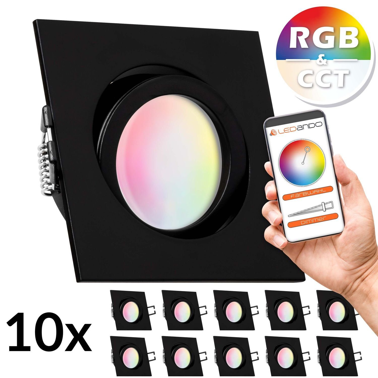 LEDANDO LED Einbaustrahler 10er RGB - CCT LED Einbaustrahler Set extra flach in schwarz matt mit
