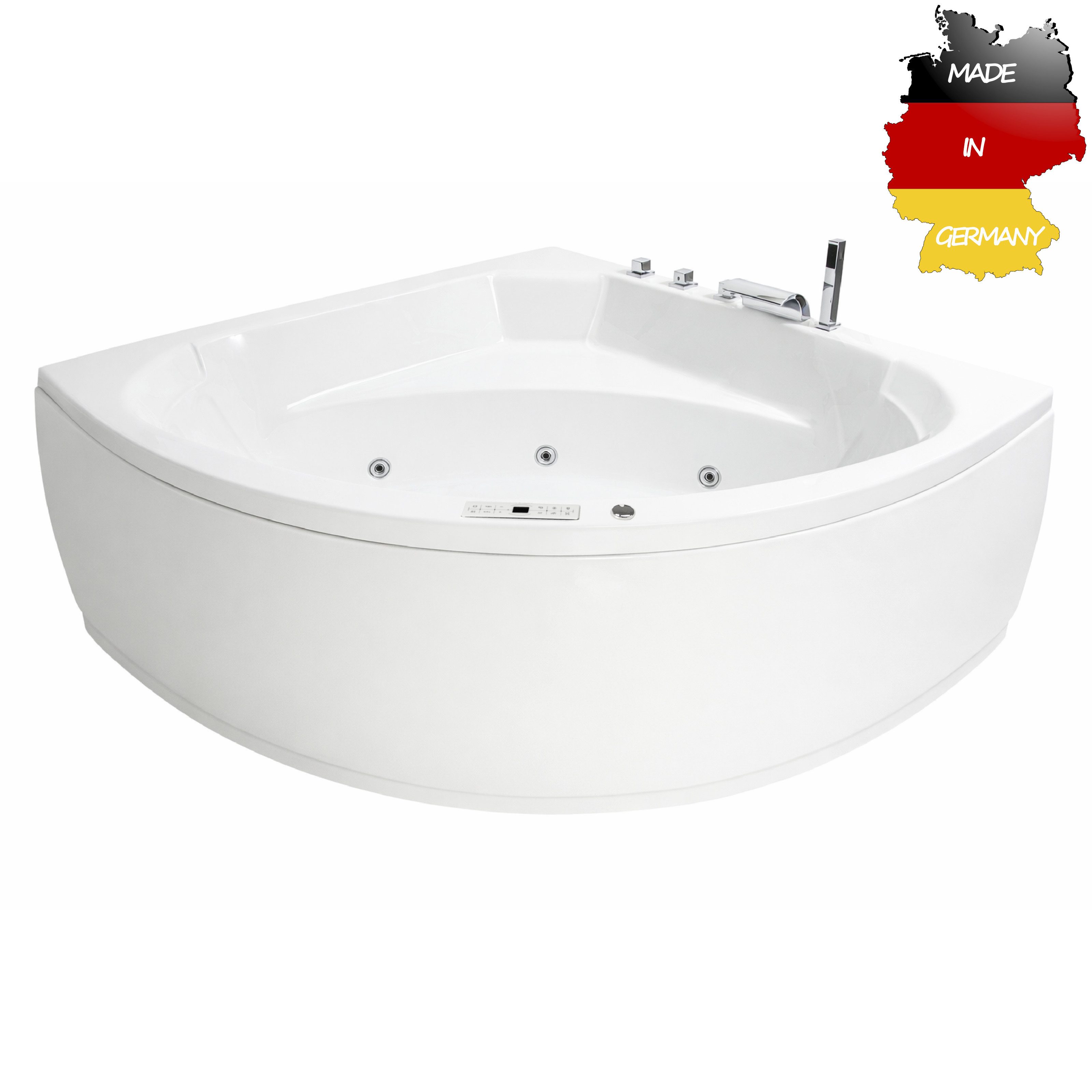 Basera® Whirlpool-Badewanne CLASSIC Indoor Eck-Whirlpool Badewanne Korfu 155 x 155 cm, (Komplett-Set), mit 25 Massagedüsen, Wasserfall, LED, Touchpanel, Bluetooth und Radio