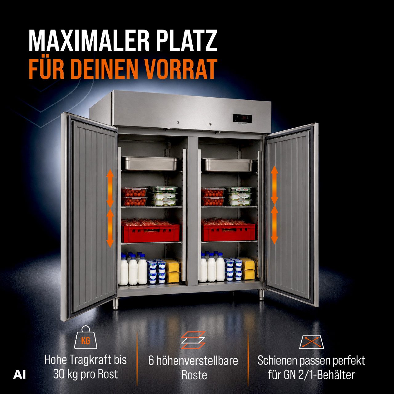 GastroHero Kühlschrank Kühlschrank ECO 1300 GN 2/1 - Gastronomie GNH1410TNM, 201 cm hoch, 148 cm breit, LED-Beleuchtung, digitale Temperaturkontrolle, selbstsch – Bild 4 von 5