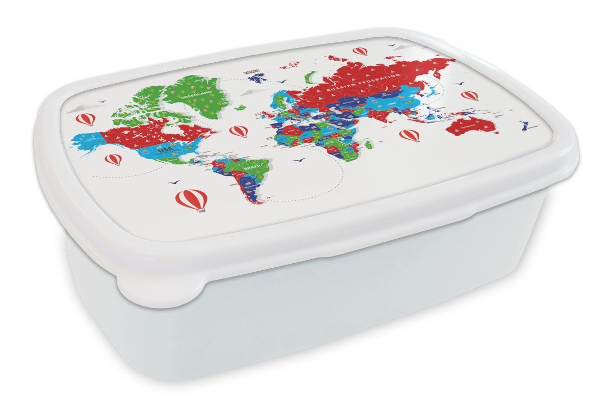 MuchoWow Lunchbox Weltkarte - Farben - Luftballon, Kunststoff, (2-tlg), Brotbox für Kinder und Erwachsene, Brotdose, für Jungs und Mädchen weiß