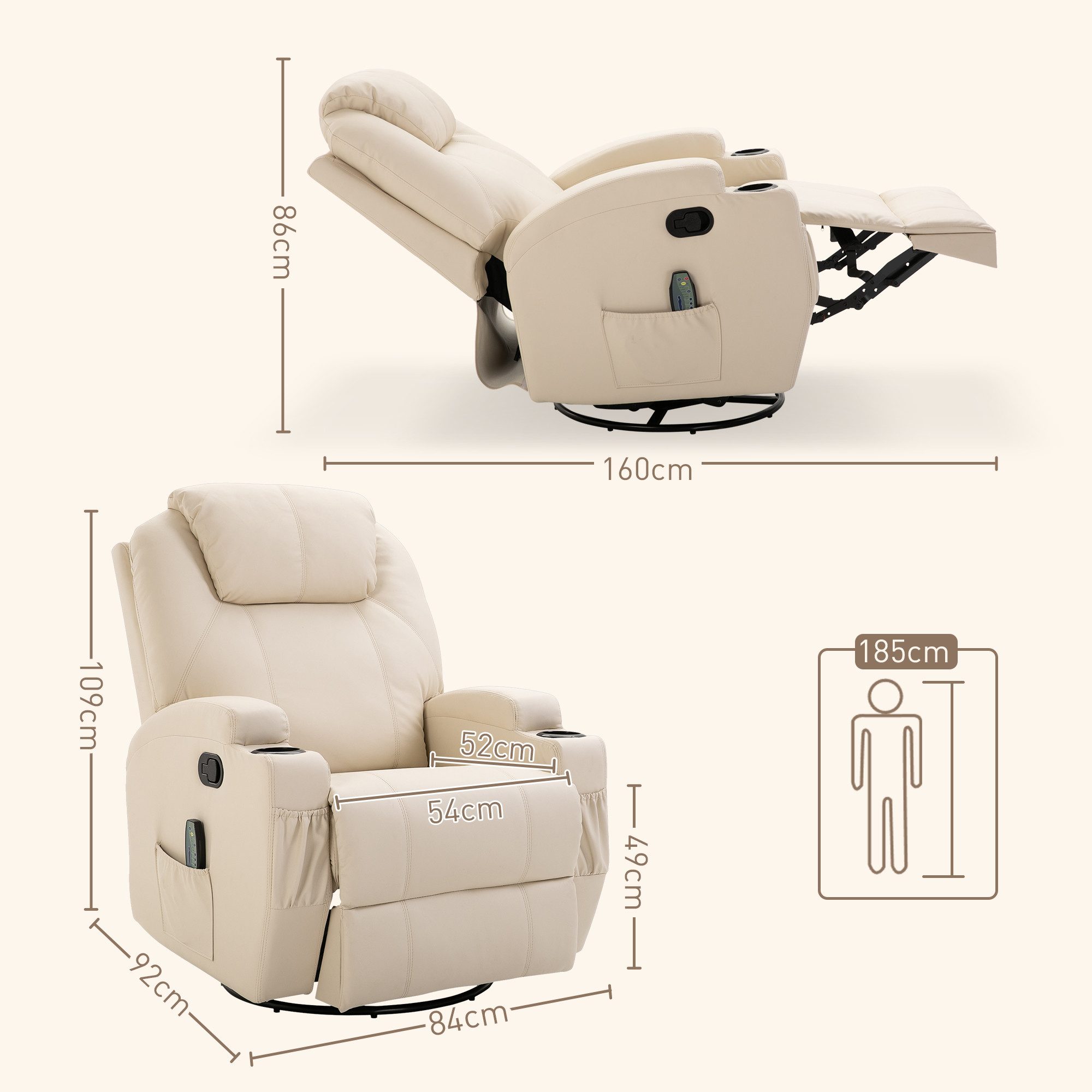 HOMCOM Massagesessel Elektrisch TV Sessel mit Liegefunktion Aufstehhilfe bis 160kg (Set, 1-St., Massagesessel), für Wohnzimmer, Cremeweiß – Bild 3 von 5