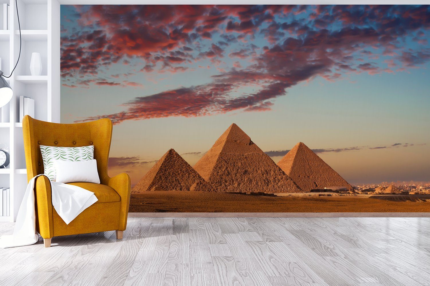 (7 in Vliestapete MuchoWow St), bei Fototapete Schlafzimmer bedruckt, Wohnzimmer für Ägypten Fototapete Sonnenuntergang, Pyramiden Küche, Matt,