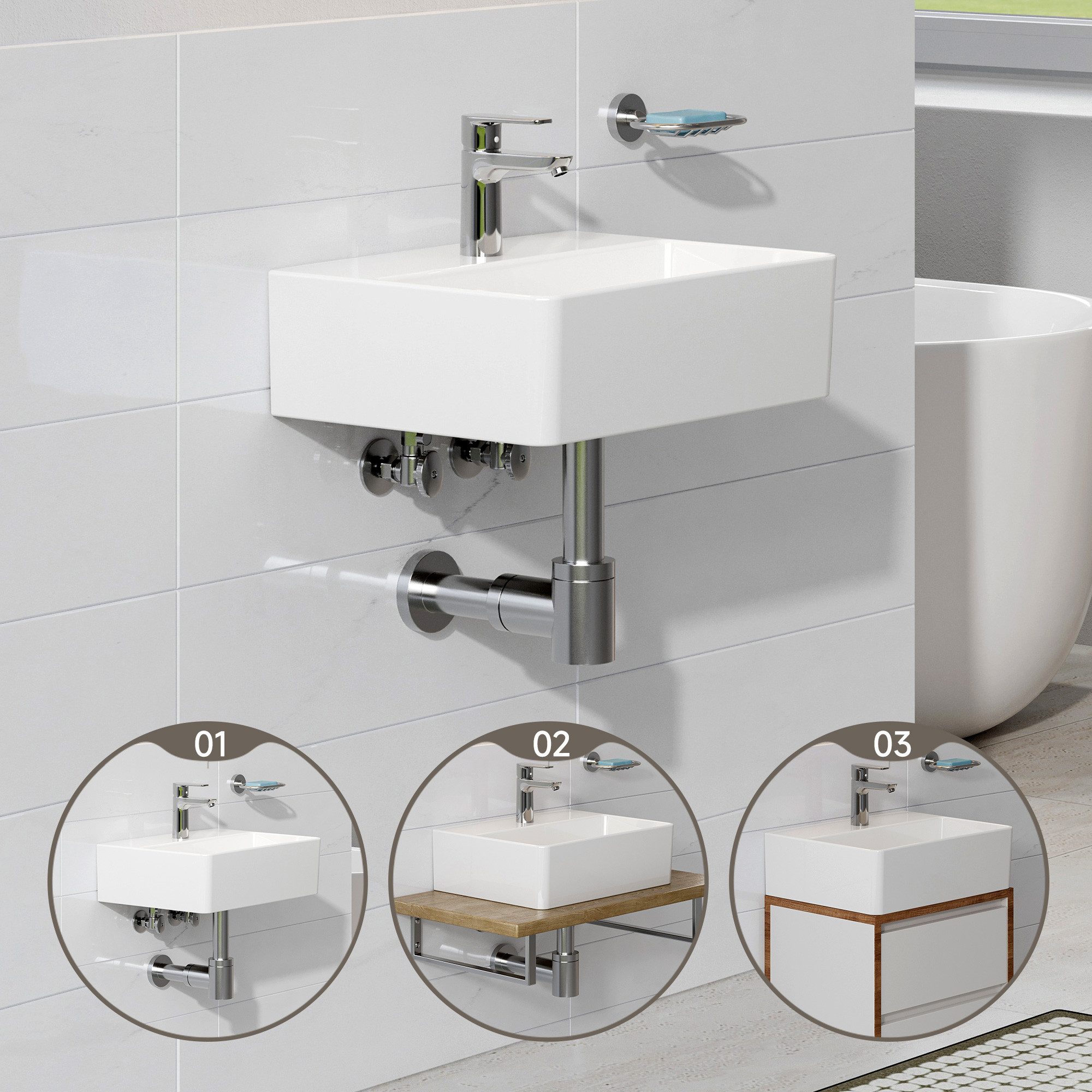 HOROW Waschbecken Keramik Aufsatzwaschbecken Hängewaschbecken 50cm 60cm 75cm (Badezimmer Waschtisch, mit Hahnloch und Überlauf - Weiß/Schwarz) – Bild 5 von 5
