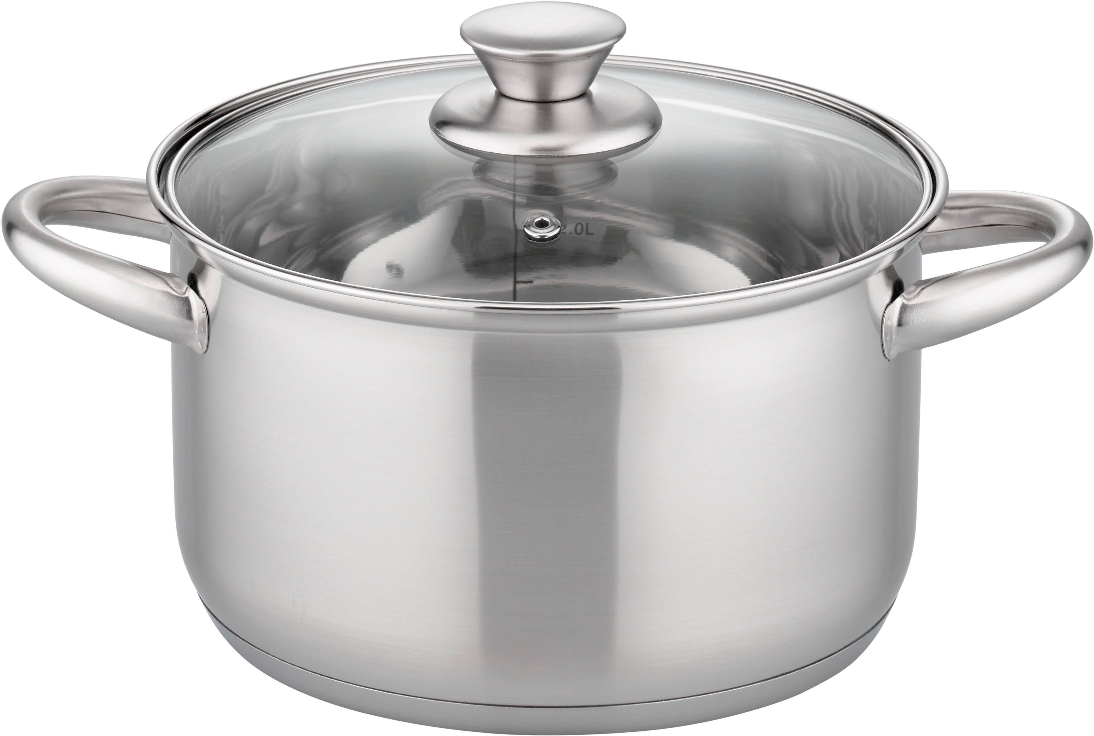 GSW Topf-Set Rigo, Edelstahl (Set, 13-tlg., Kochtopf 14/16/20/24 cm, 1 Stielkasserolle 16 cm, Gemüsetopf 26 cm), Literskala, Induktion, inkl. Küchenhelfer