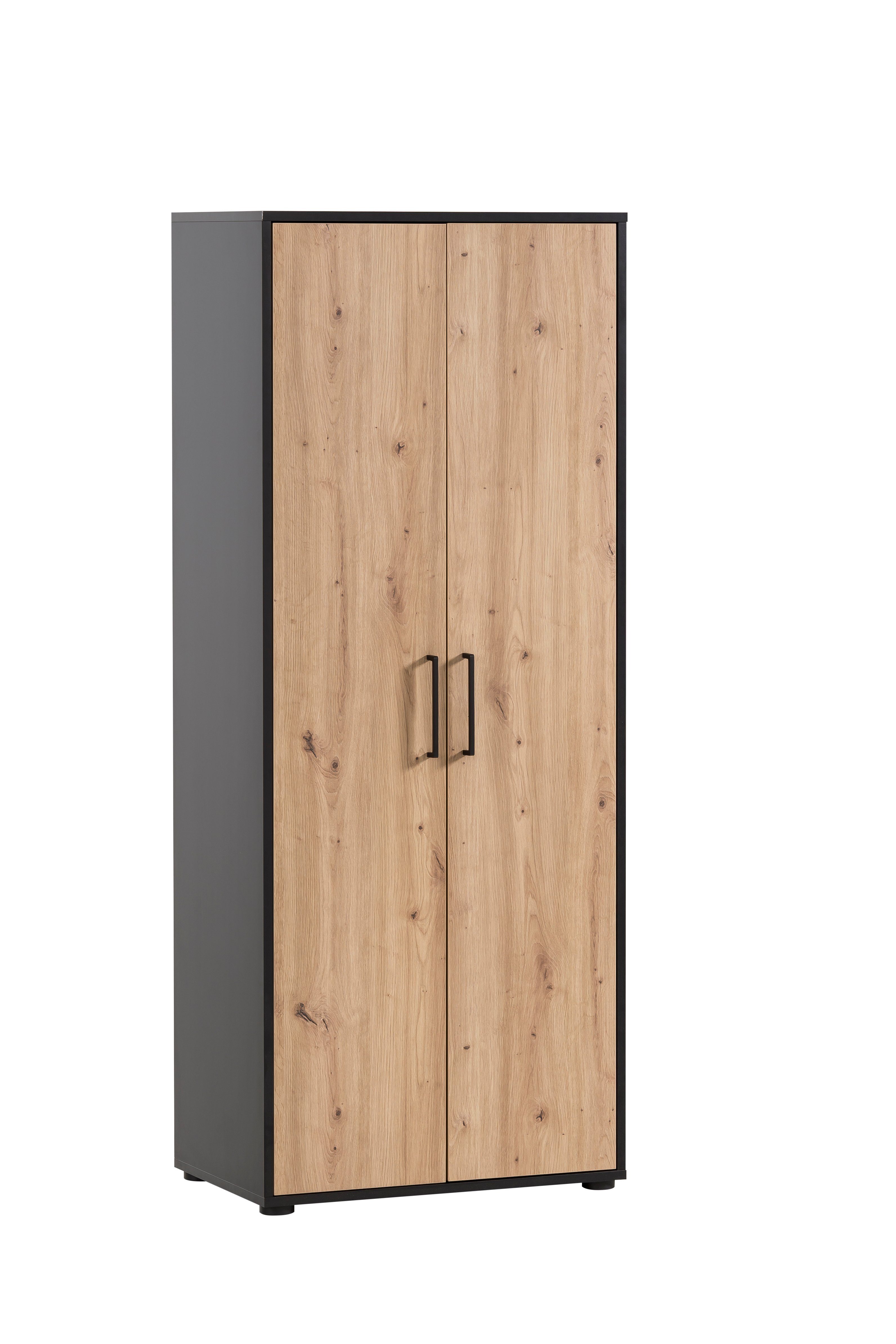 MÖBELPARTNER Aktenschrank Raven Tall HxBxT 164x65x41cm, 4 Fächern & 2 Flügeltüren, Eiche/Schwarz