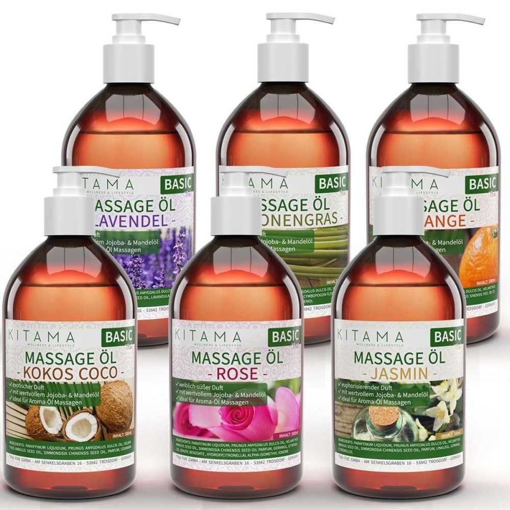 Kitama Massageöl mit Aroma Set, 6 Düfte: Jasmin Rose Orange Lavendel Kokos Zitronengras 6 x 500ml