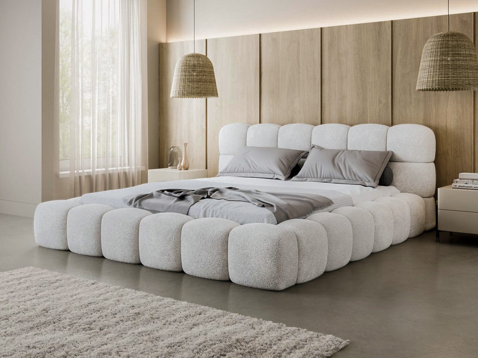 Compleo Polsterbett BUBBLE boucle Designerbett 140/160/180x200 BIZU, Wolkenbett, TOPSELLER Stauraumbett MADE IN EU