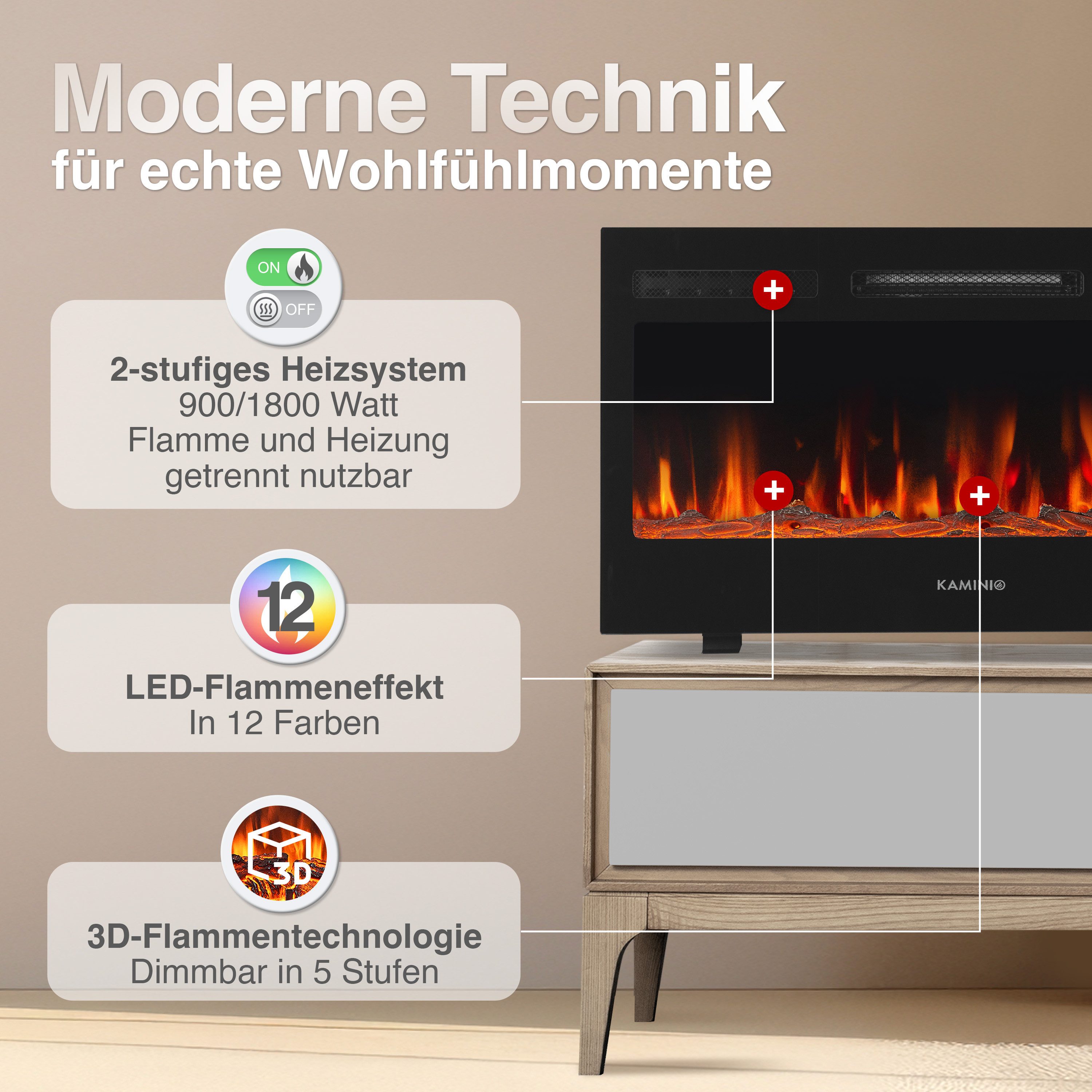 KAMINIO Elektrokamin MARLON, 3in1 Kamin: Elektrischer Stand-, Wand- und Einbaukamin, Heizung 1800W