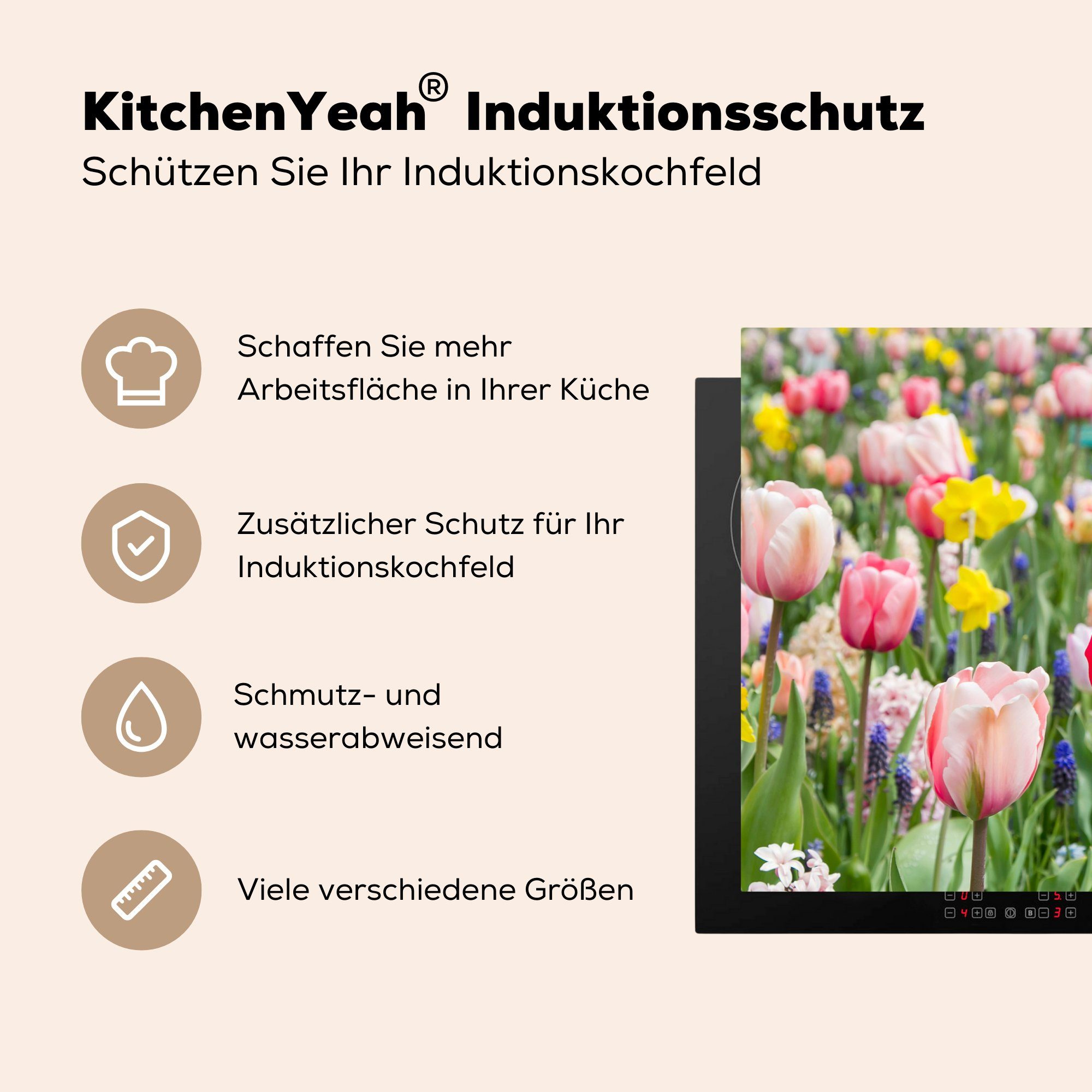 81x52 Vinyl, Herdblende-/Abdeckplatte Tulpengarten, für küche, Schutz Ceranfeldabdeckung (1 tlg), Induktionskochfeld cm, die MuchoWow