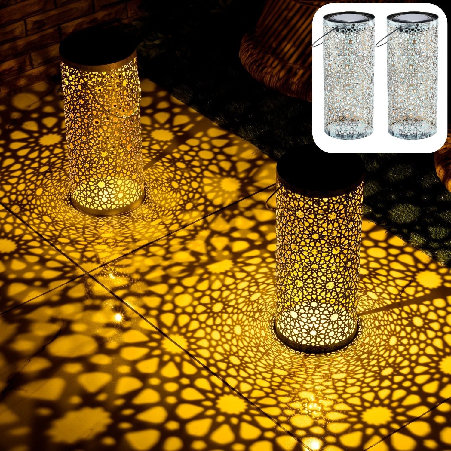 Marrakesch Orient & Mediterran Interior LED Solarleuchte 2er Set Orientalische Solarlaterne Noum edel aus Metall in Grün 30 cm, Handarbeit