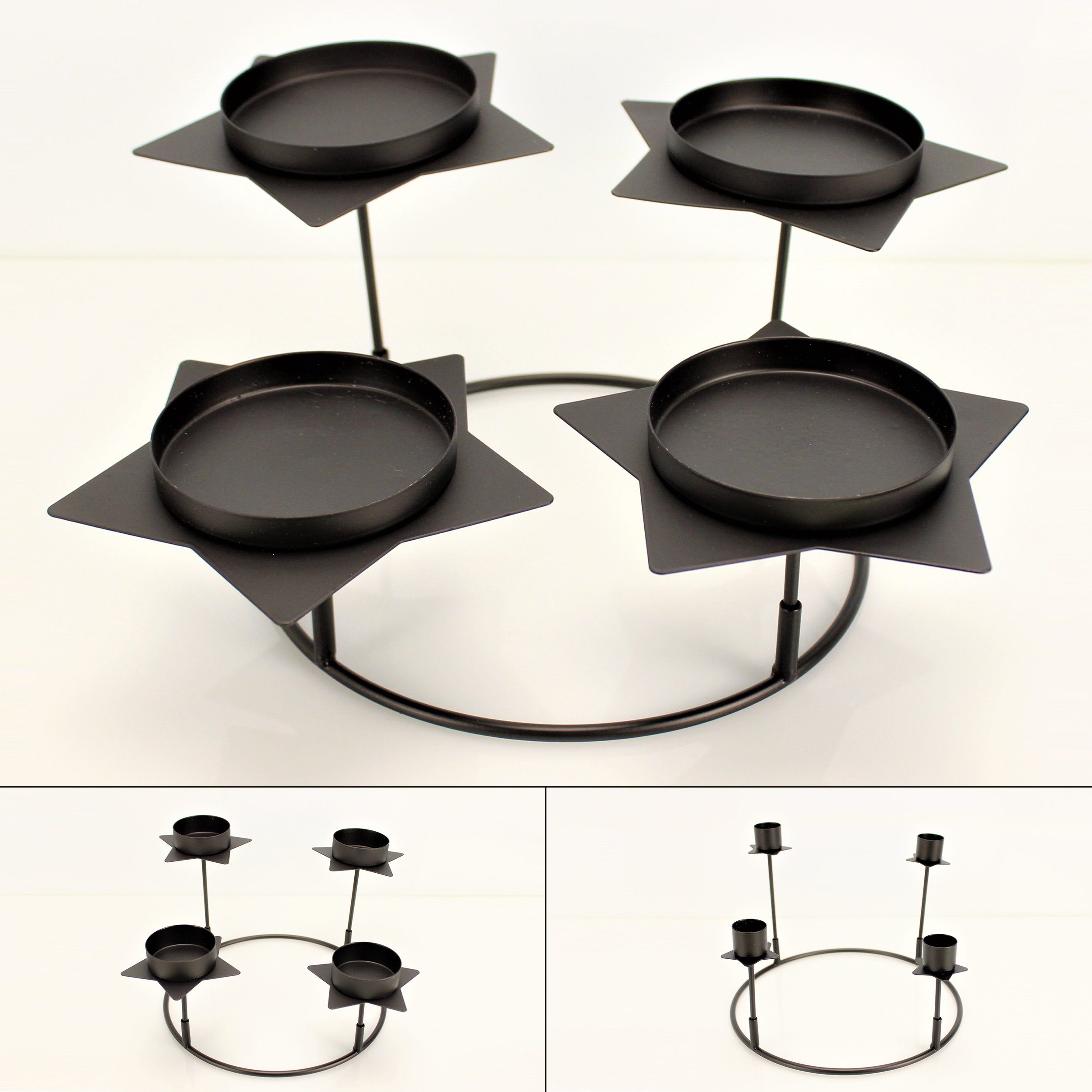 Online-Fuchs Kerzenständer - Kerzenhalter mit STERNEN aus Metall für den Adventskranz (individuell in der Gestaltung, Halter für je 4 Stumpenkerzen, 4 Stabkerzen und 4 Teelichter), rundes Grundgestell mit 20 cm Durchmesser - Weihnachtsdeko