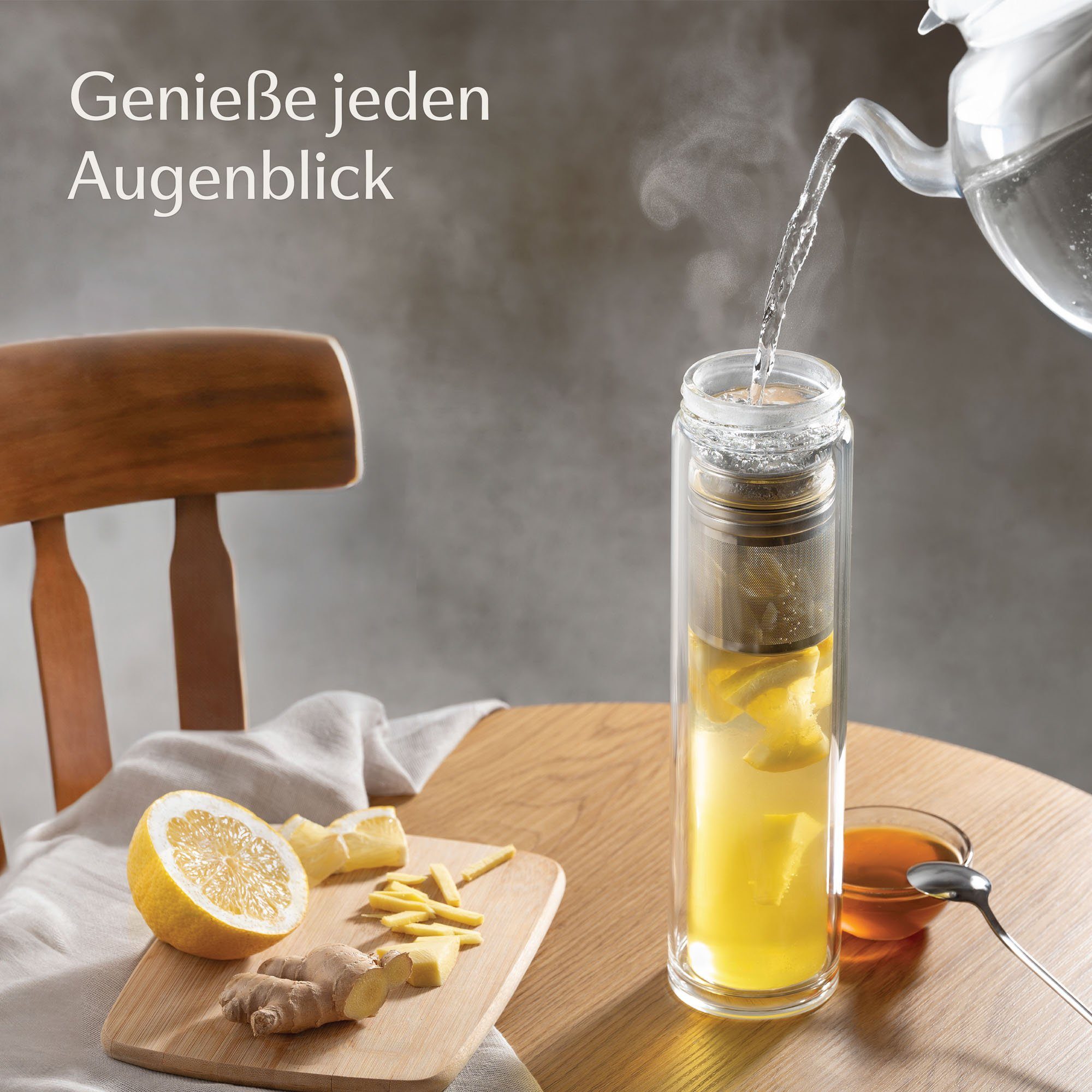 Cosumy Isolierflasche Teeflasche mit Sieb to Go 500ml - Doppelwandiges Glas mit Filztasche, Mit Hellgrauem Filz 500 ml - Glas Trinkflasche & Thermoskanne 0,5 l