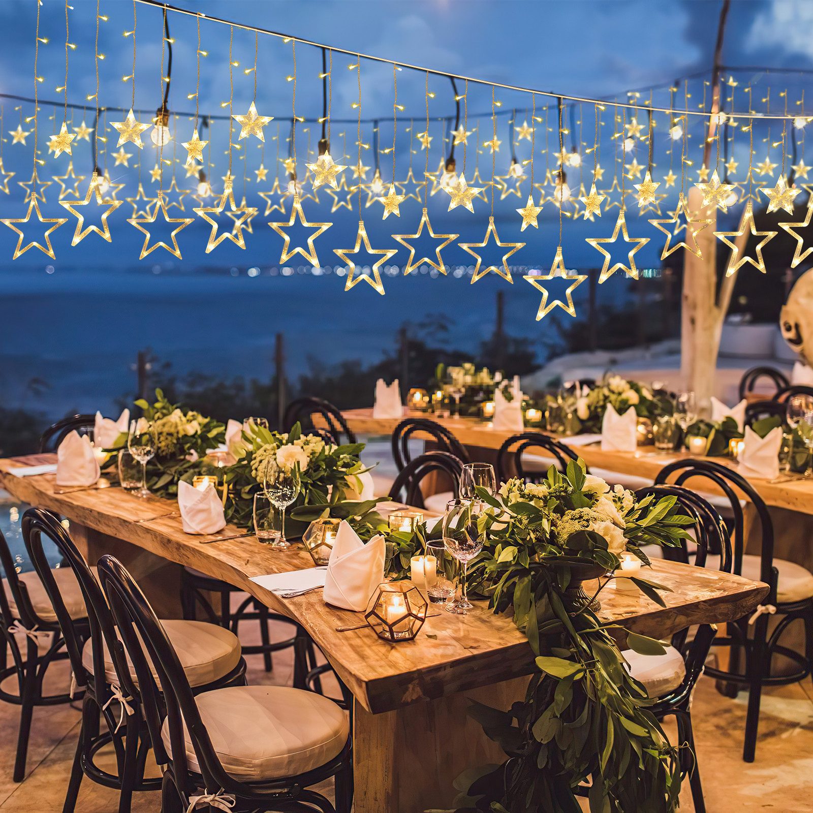 Clanmacy LED-Lichterkette 138 LED Lichterkette Sterne Lichtervorhang Außen Innen Weihnachtsdeko, 138-flammig