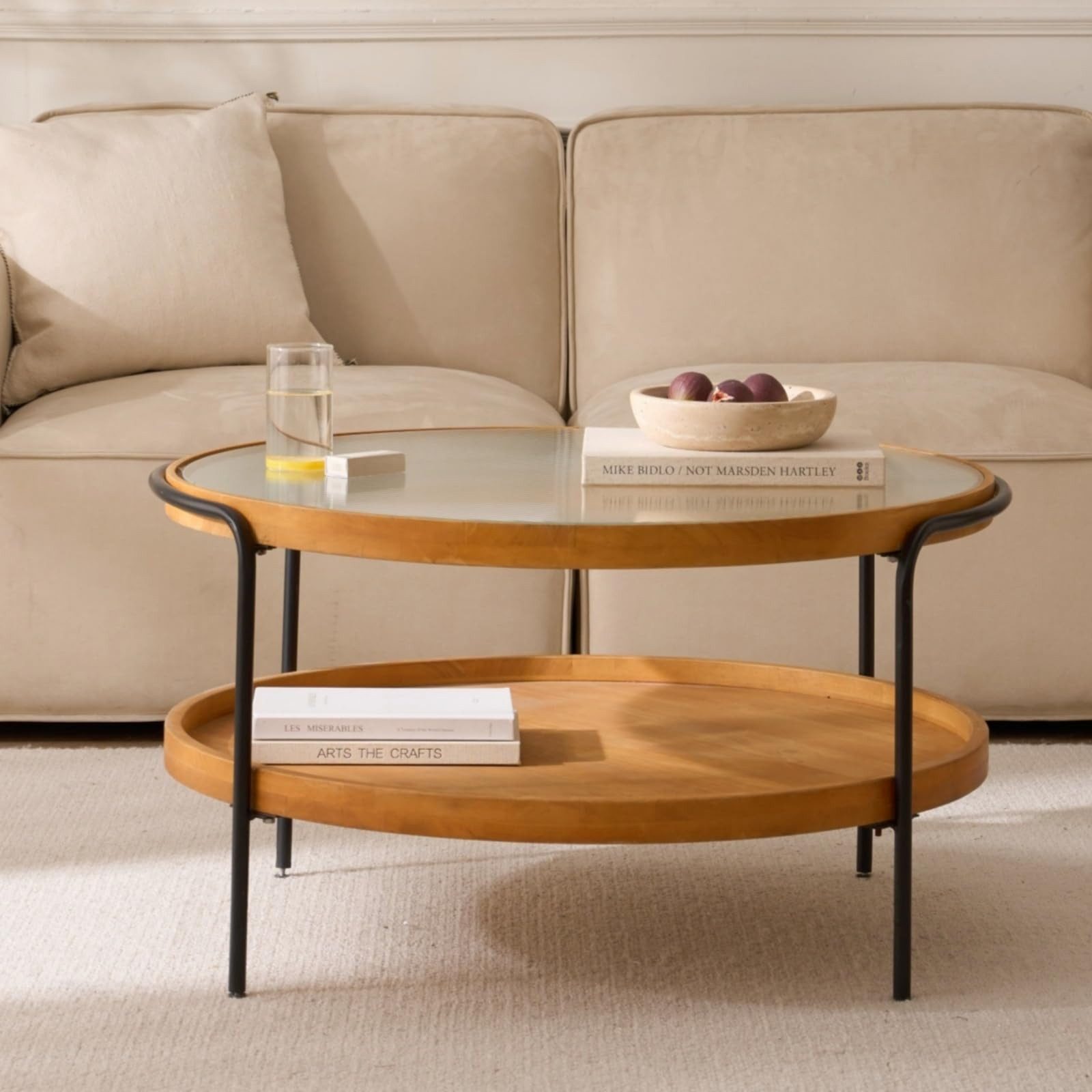 Cagnolier Couchtisch Rund 2-Tier Wohnzimmertisch mit Stauraum (1-St), Runder Tisch aus Holz mit Glas & Metallgestell, Ø76x45cm